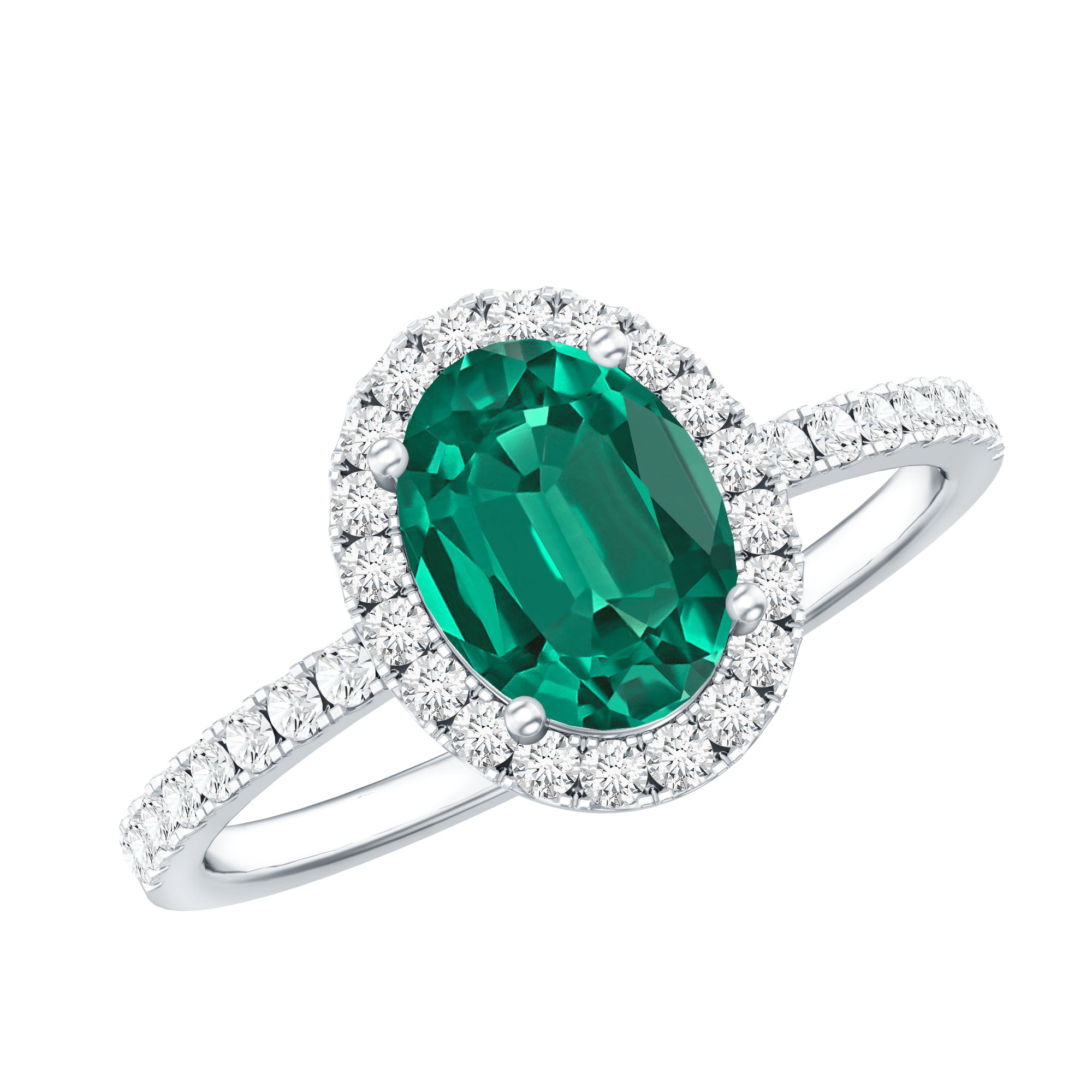 Classic Lab Grown Emerald Oval Engagement Ring with Diamond Halo AAAA - Rosec Jewels