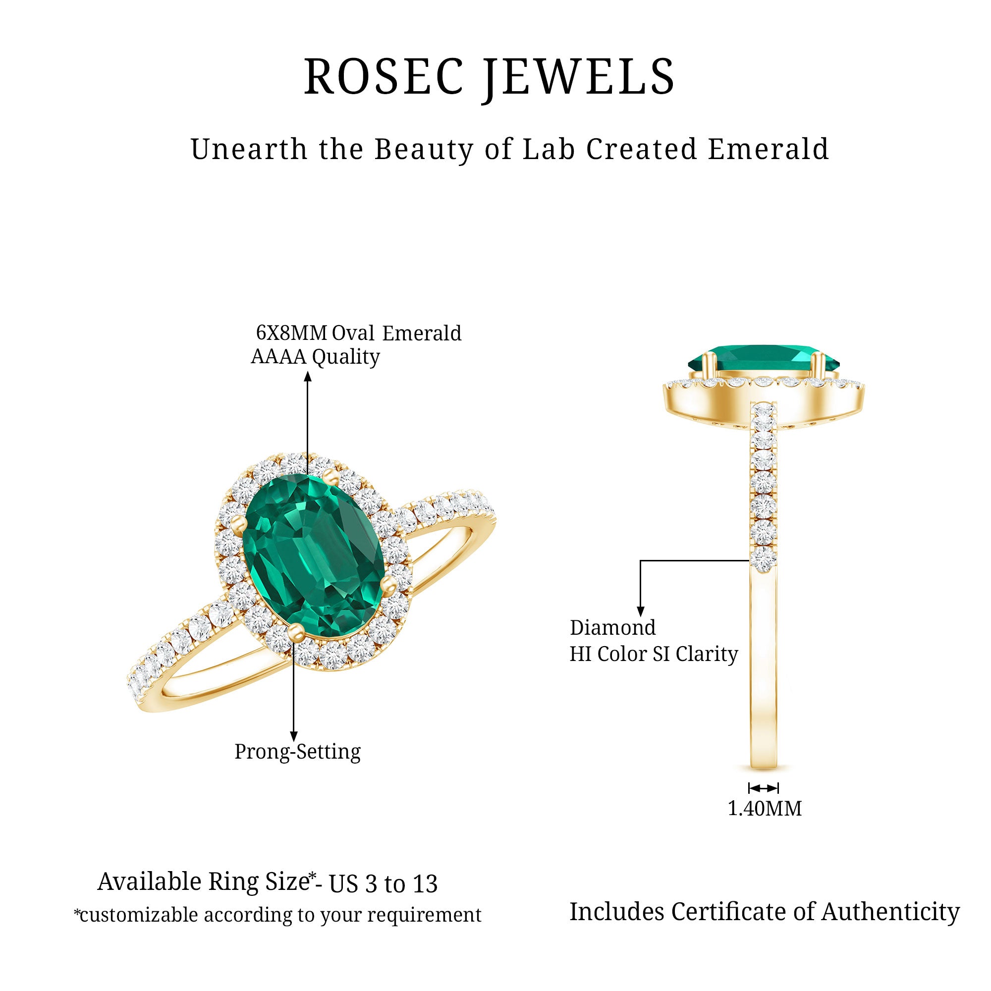 Classic Lab Grown Emerald Oval Engagement Ring with Diamond Halo AAAA - Rosec Jewels