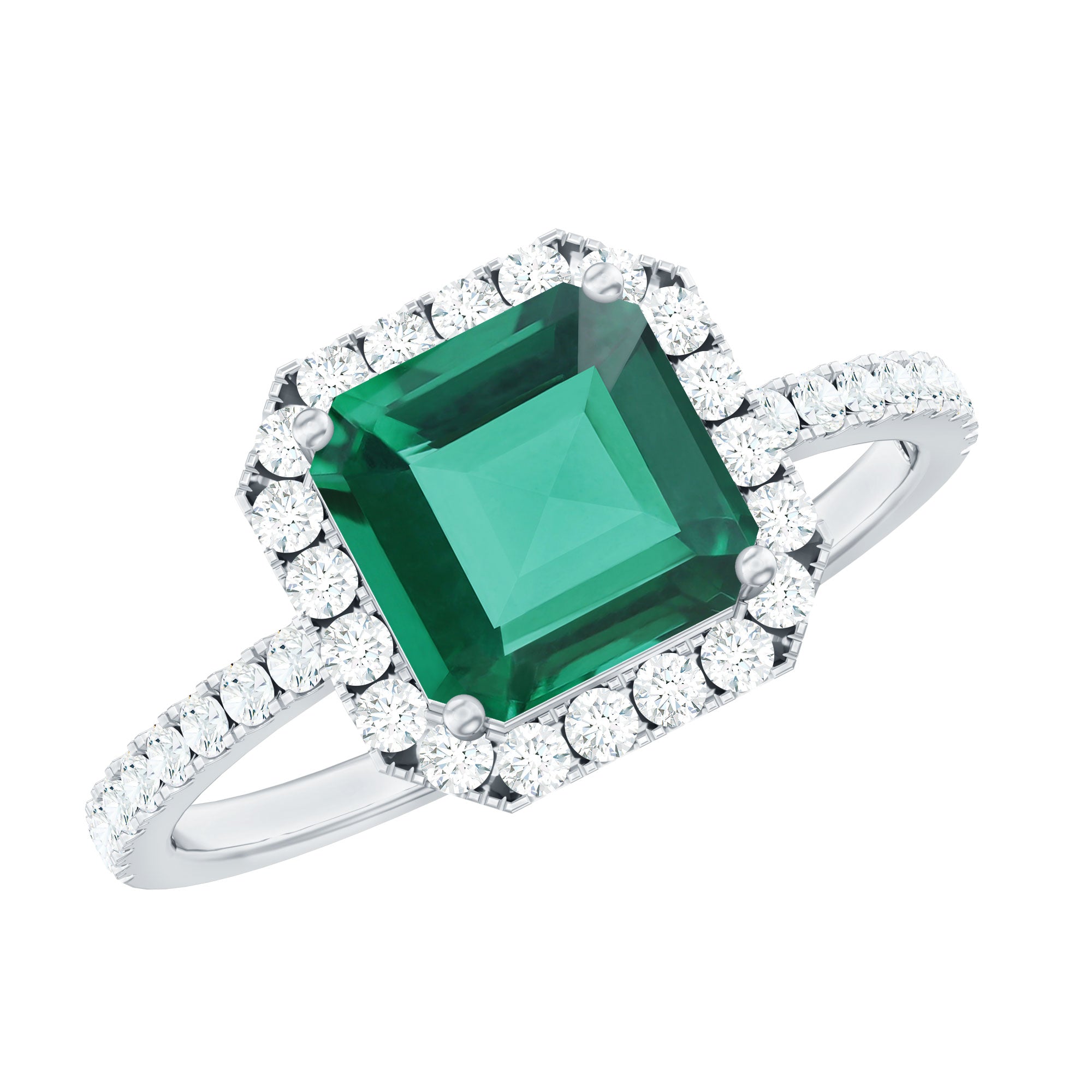 Asscher Cut Created Emerald Halo Engagement Ring with Diamond