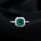 Asscher Cut Created Emerald Halo Engagement Ring with Diamond Lab Created Emerald - ( AAAA ) - Quality - Rosec Jewels