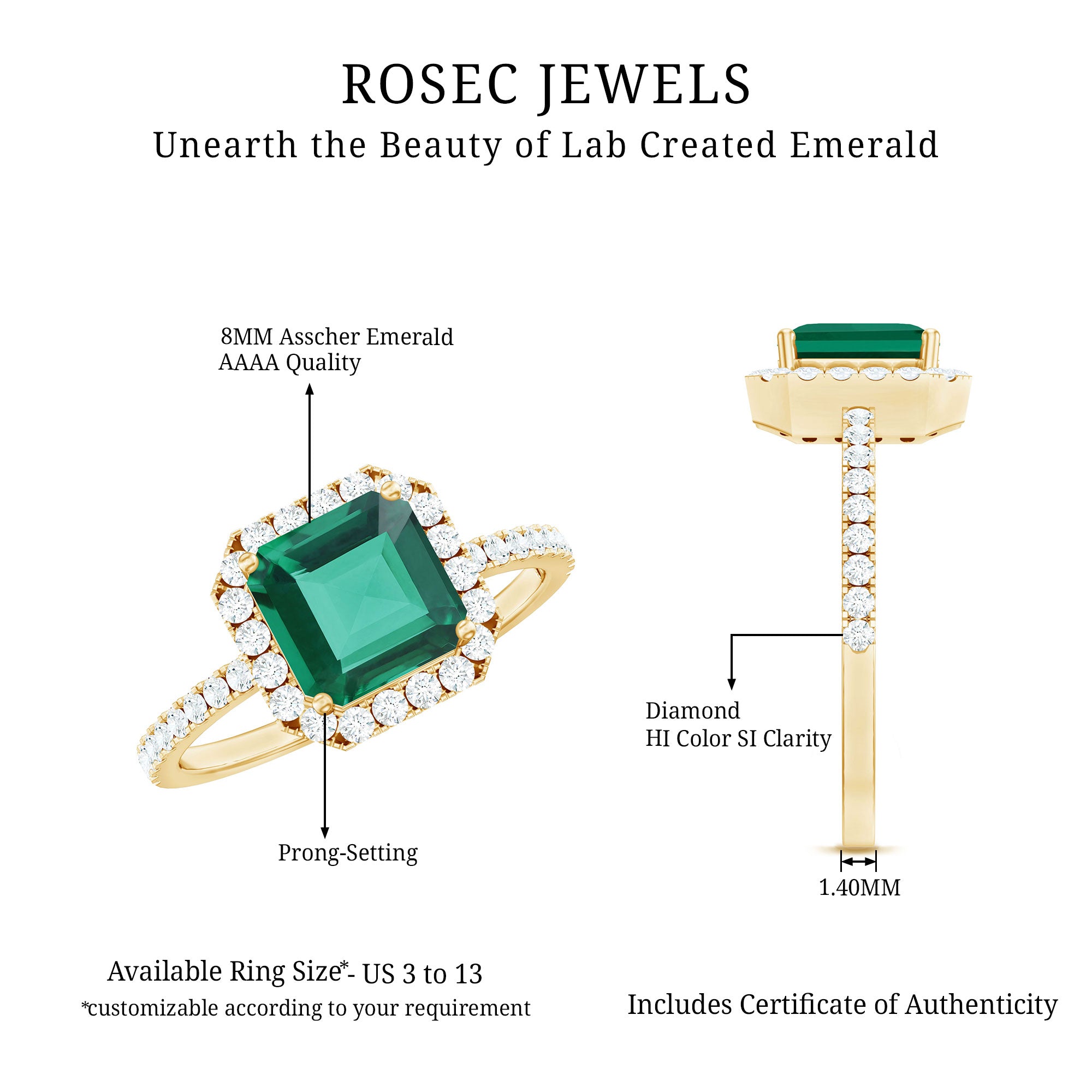 AAAA Quality Lab Created Emerald Asscher Cut Engagement Ring with Diamond AAAA - Rosec Jewels