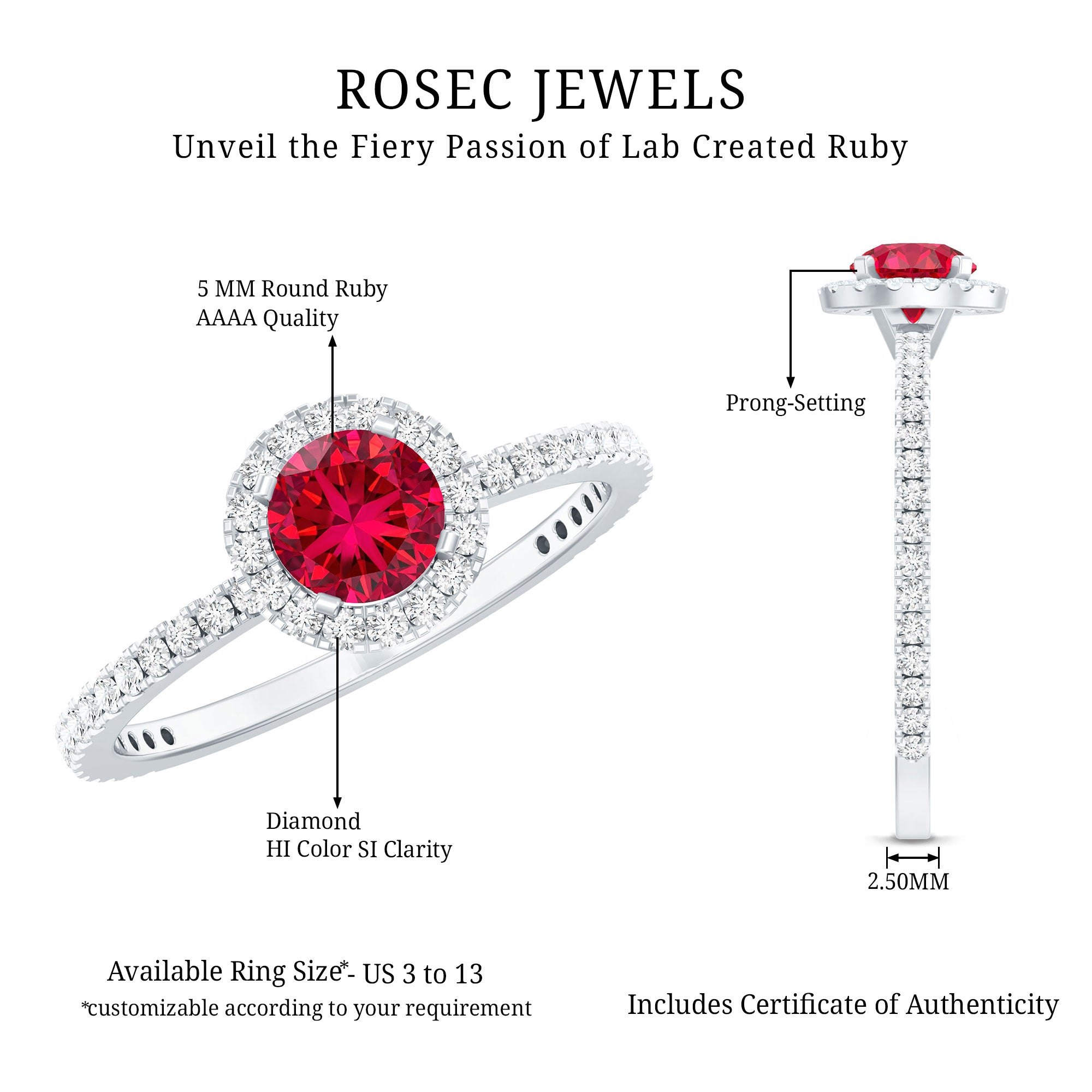 0.6 Carat Lab Created Ruby and Diamond Halo Engagement Ring AAAA - Rosec Jewels