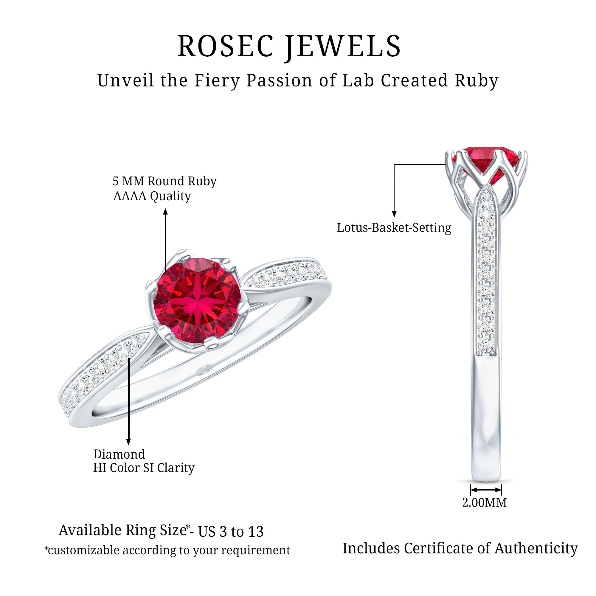 1 CT Round Shape Created Ruby Solitaire Engagement Ring with Diamond AAAA - Rosec Jewels