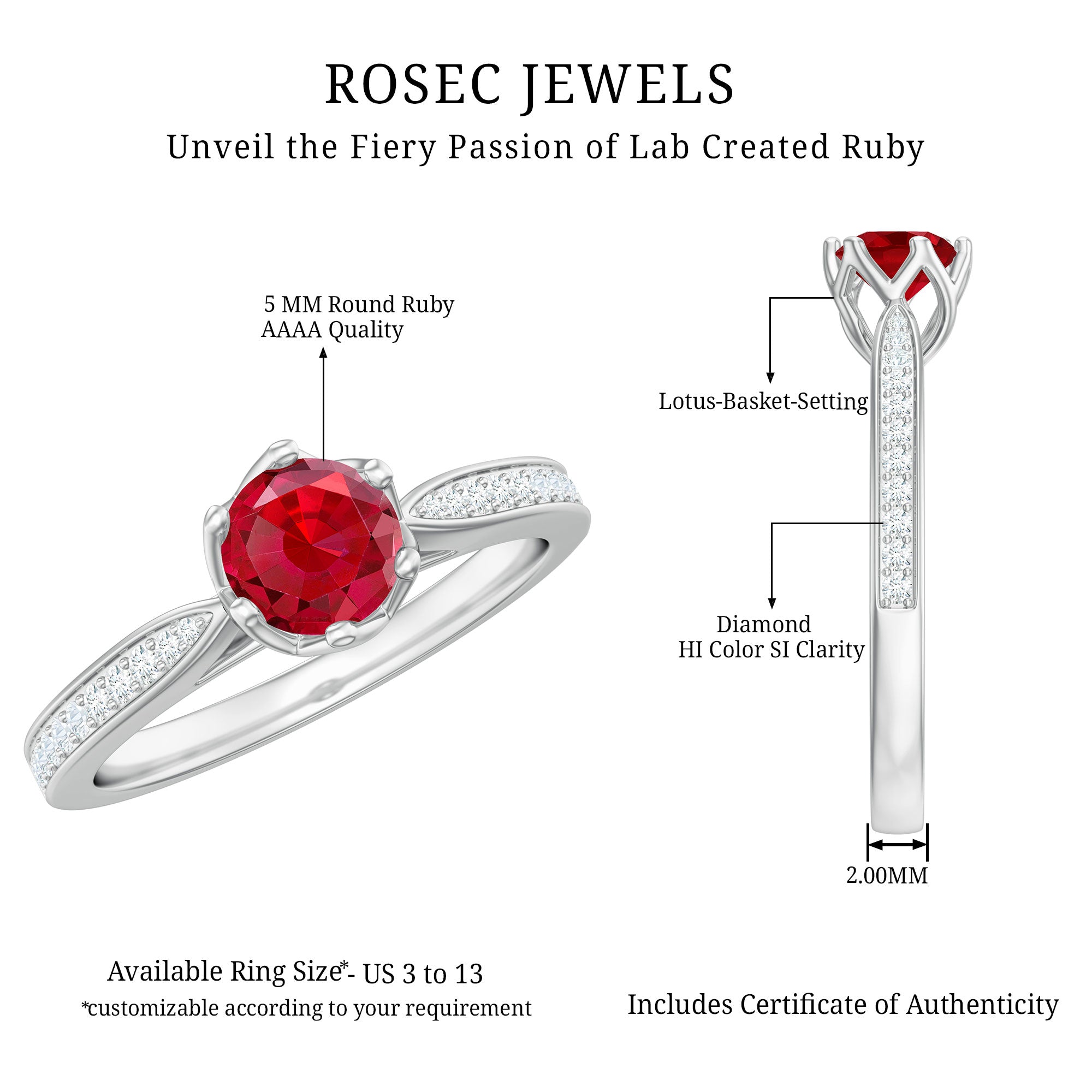 Rosec Jewels-1 CT Round Shape Created Ruby Solitaire Engagement Ring with Diamond
