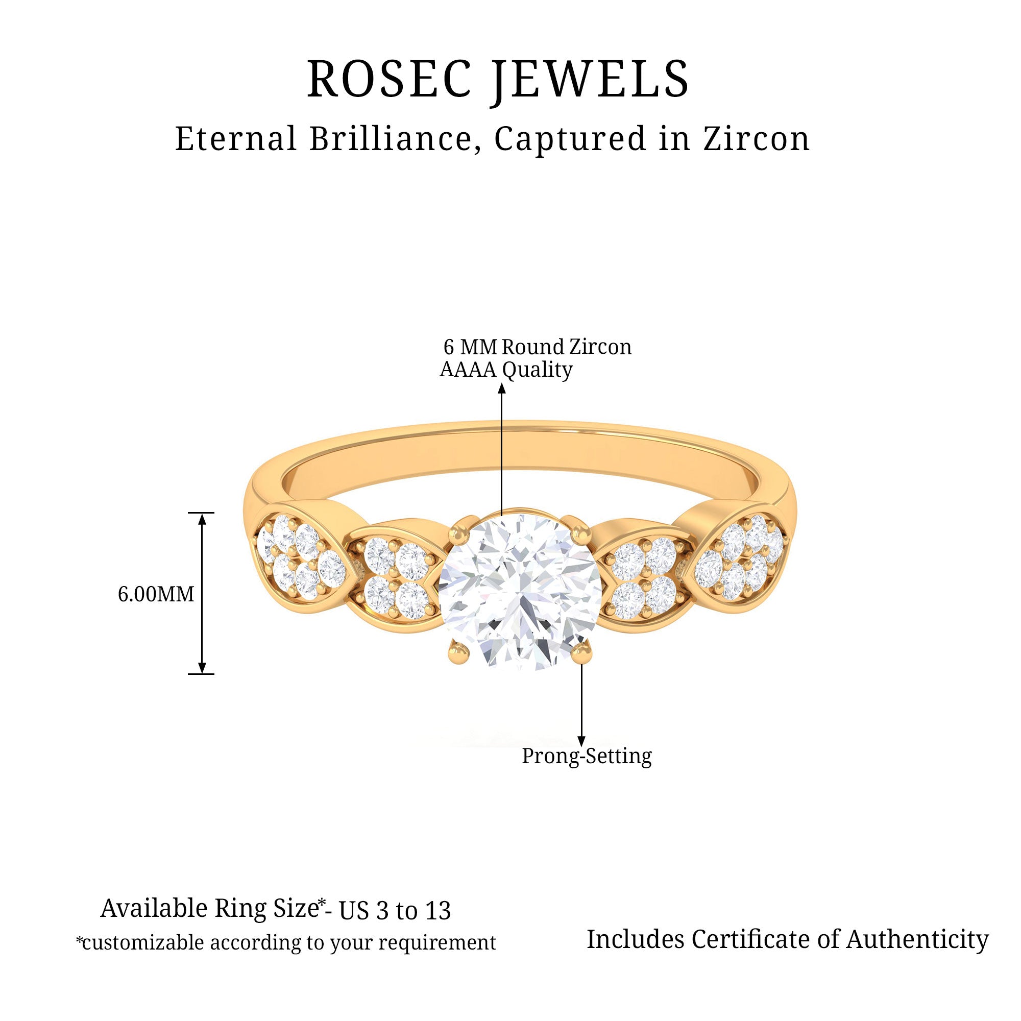 Classic Round Zirconia Engagement Ring with Side Stones AAAA - Rosec Jewels