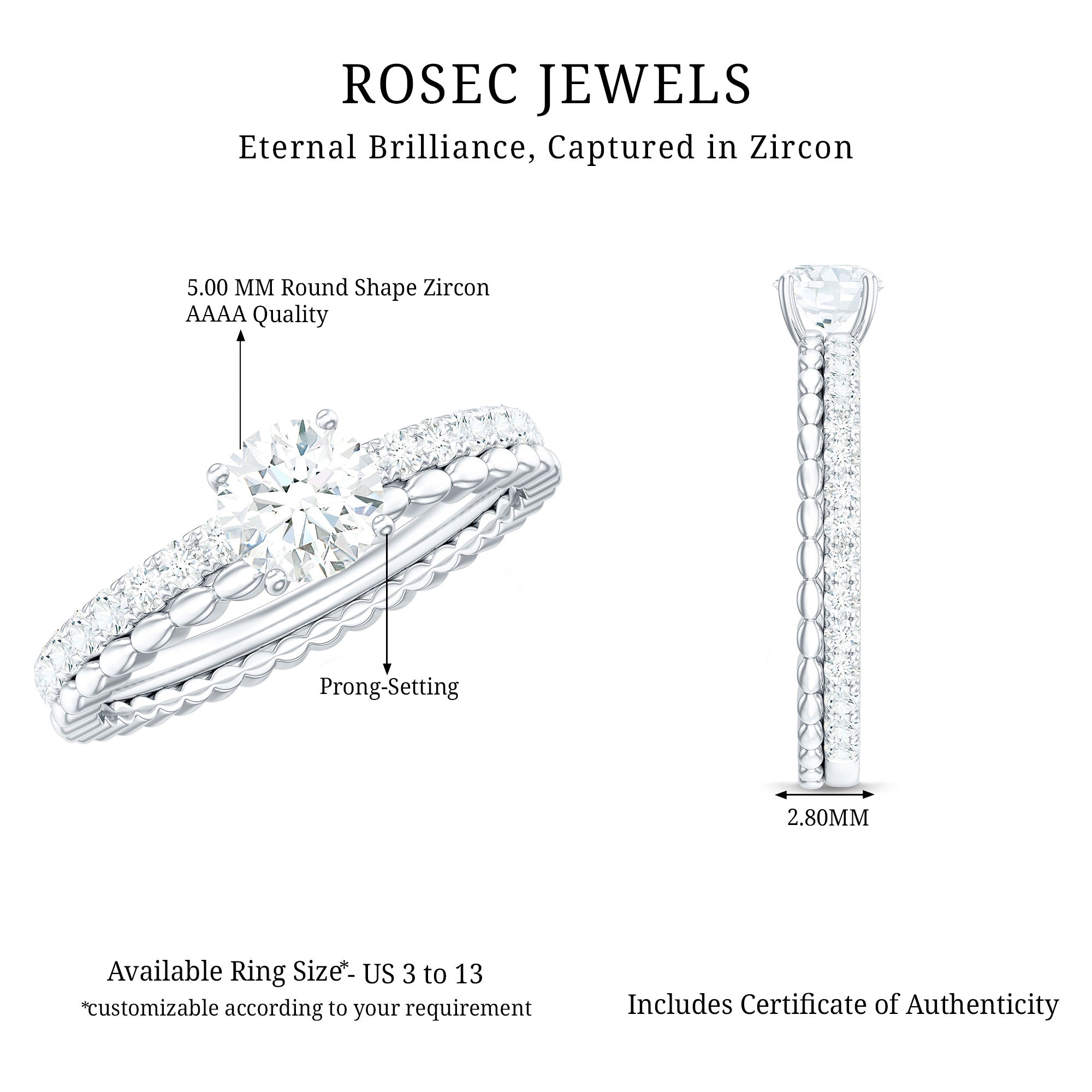 1.50 CT Certified Zircon Solitaire Engagement Ring AAAA - Rosec Jewels