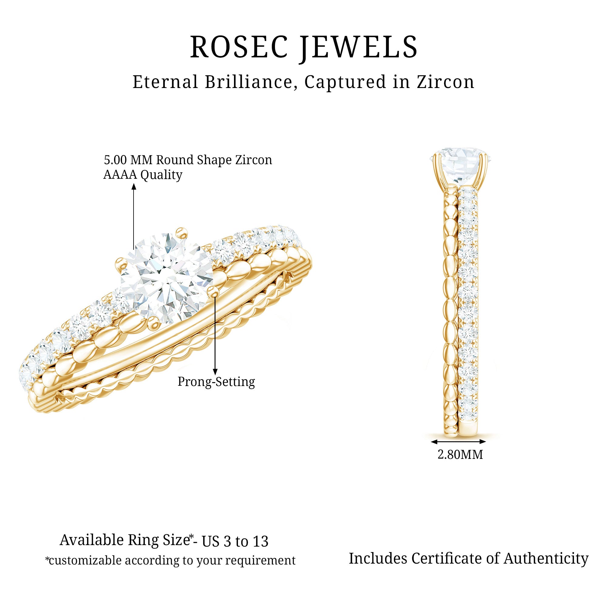 1.50 CT Certified Zircon Solitaire Engagement Ring AAAA - Rosec Jewels
