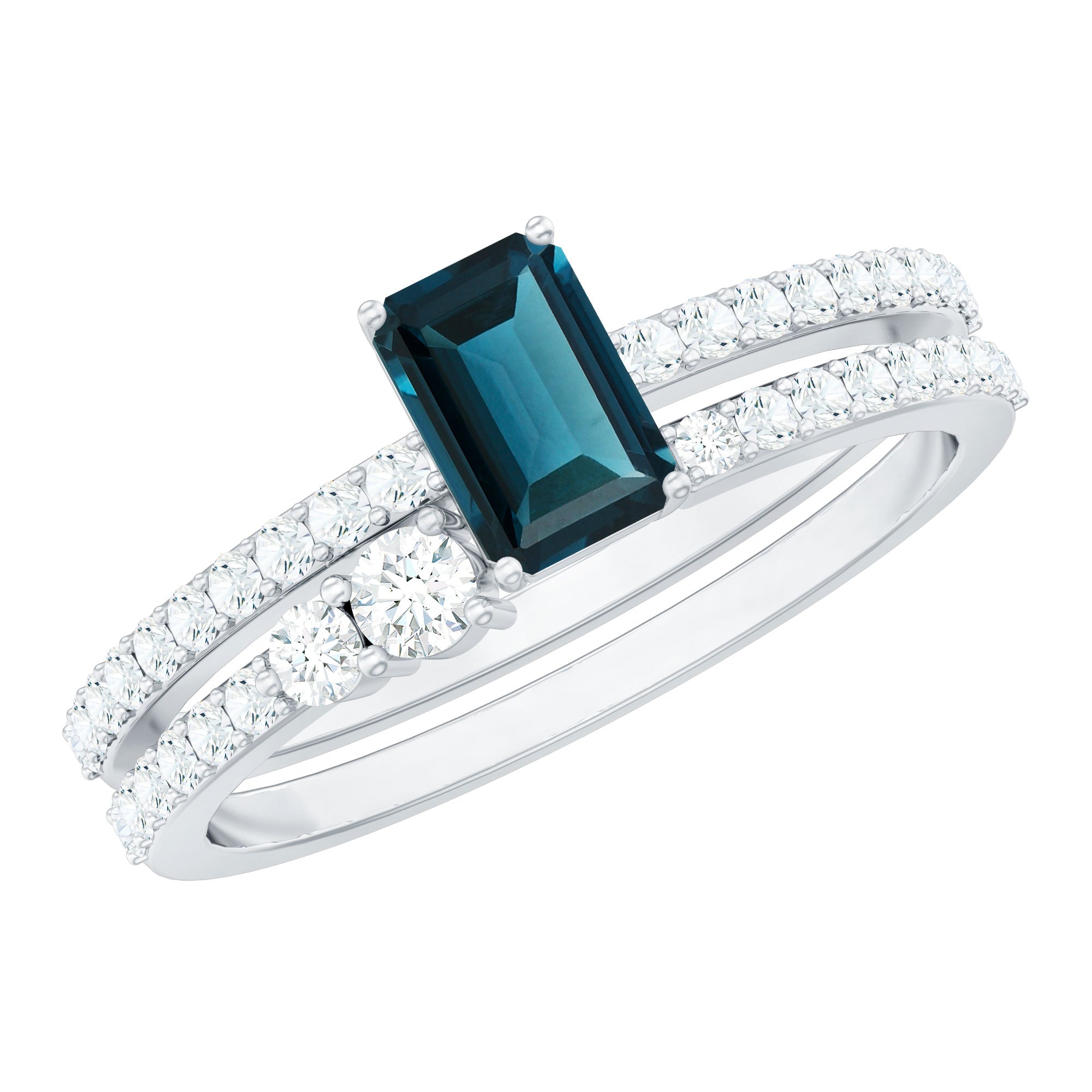 Rosec Jewels-4X6mm Emerald Cut London Blue Topaz Wedding Ring Set with Diamond