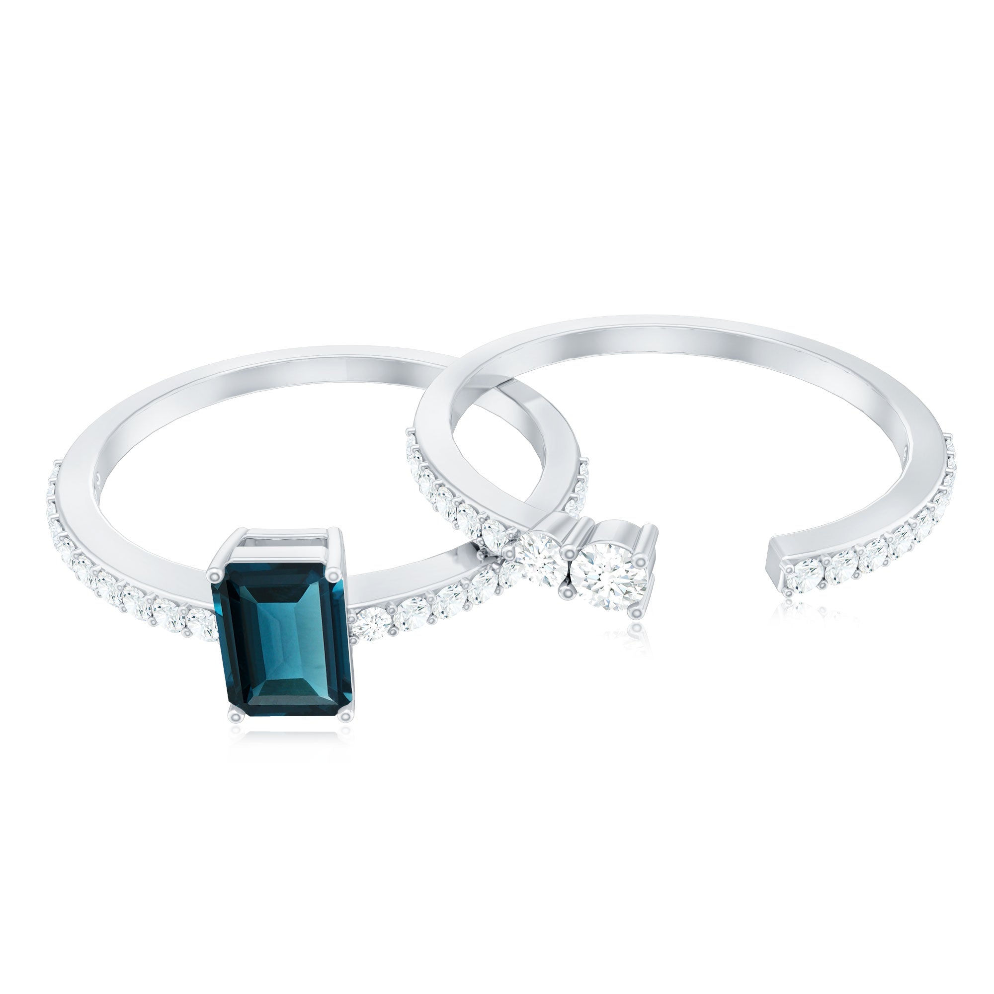 Rosec Jewels-4X6mm Emerald Cut London Blue Topaz Wedding Ring Set with Diamond