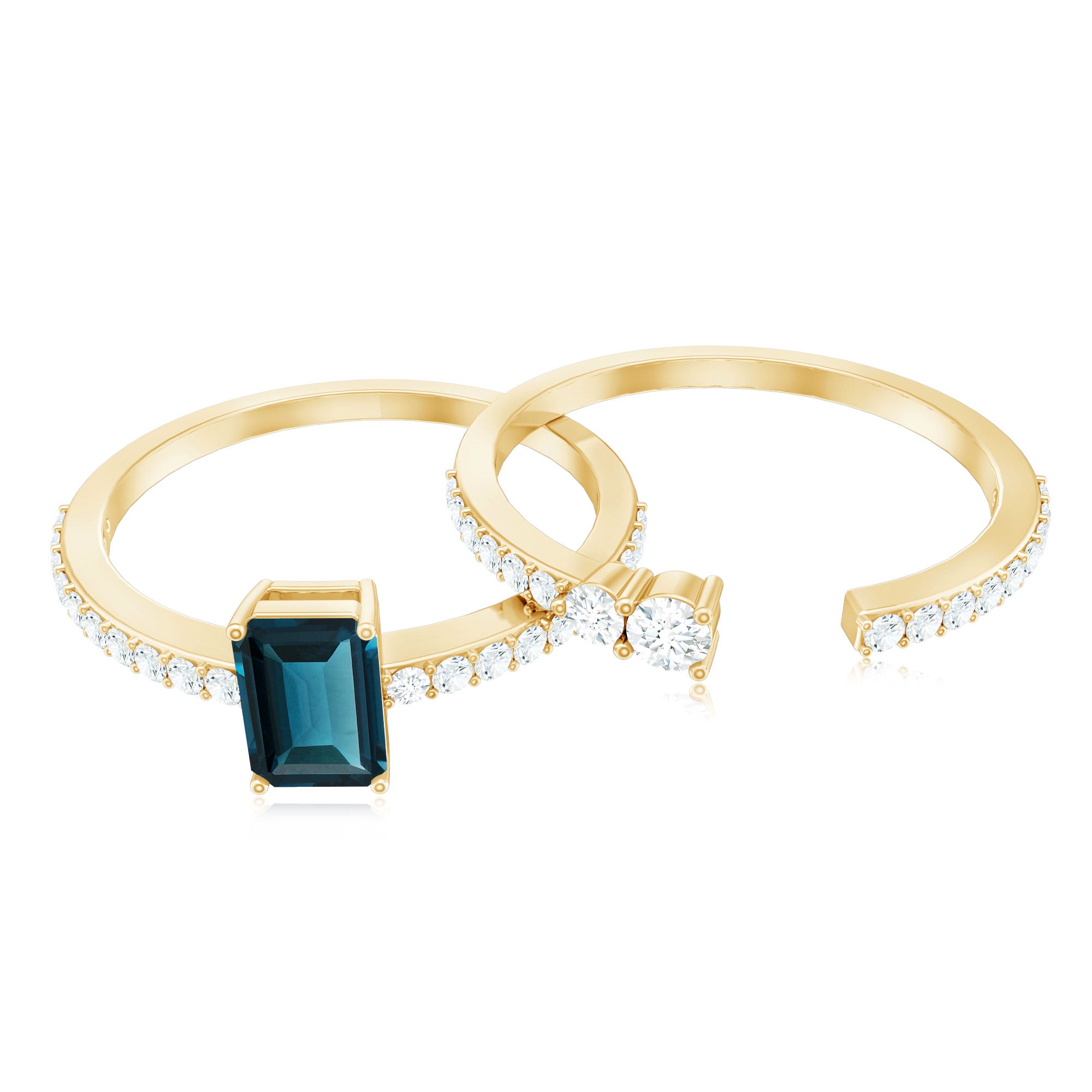 Rosec Jewels-4X6mm Emerald Cut London Blue Topaz Wedding Ring Set with Diamond