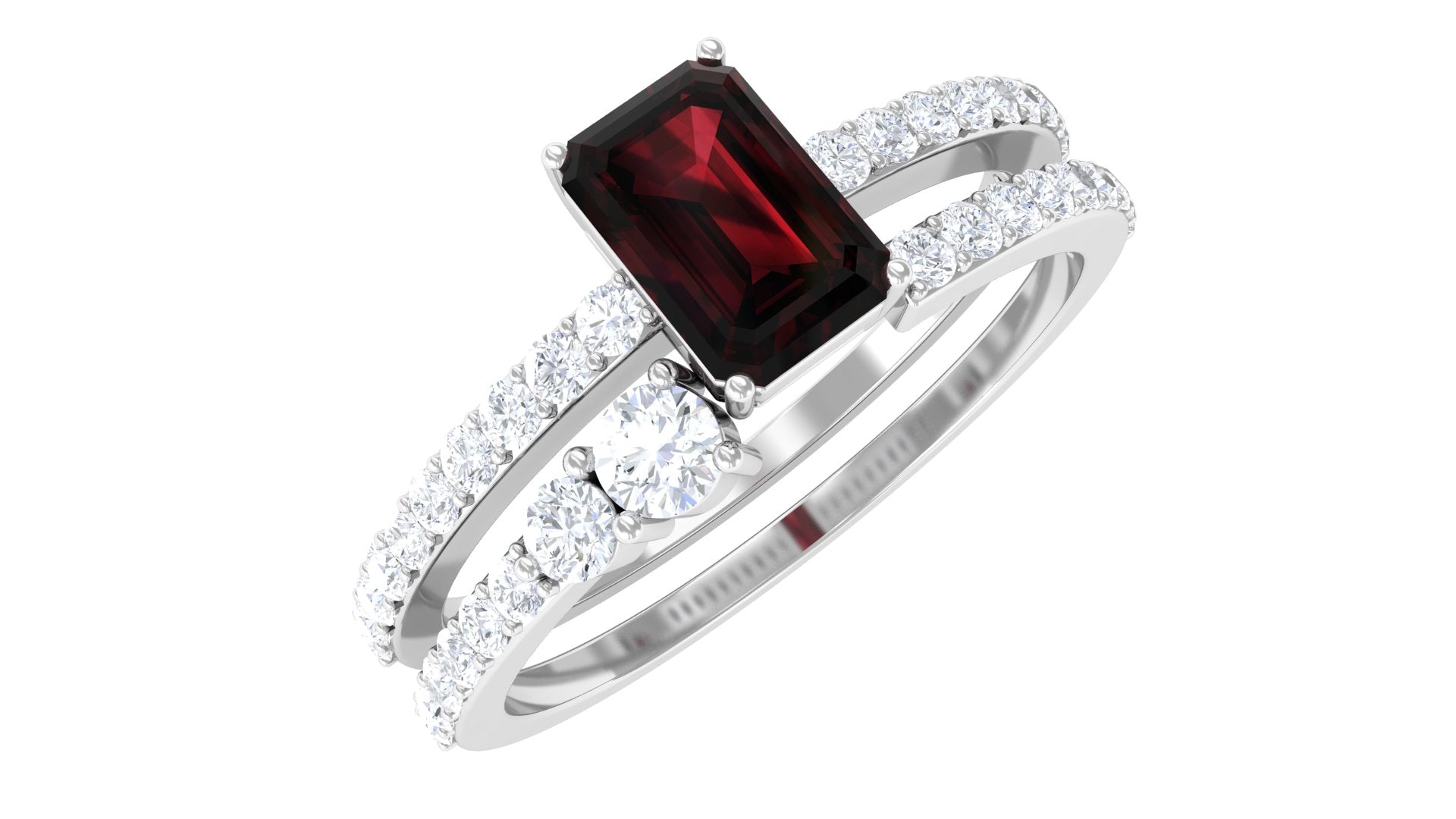 Real Garnet Diamond Emerald Cut Engagement Ring with Enhancer