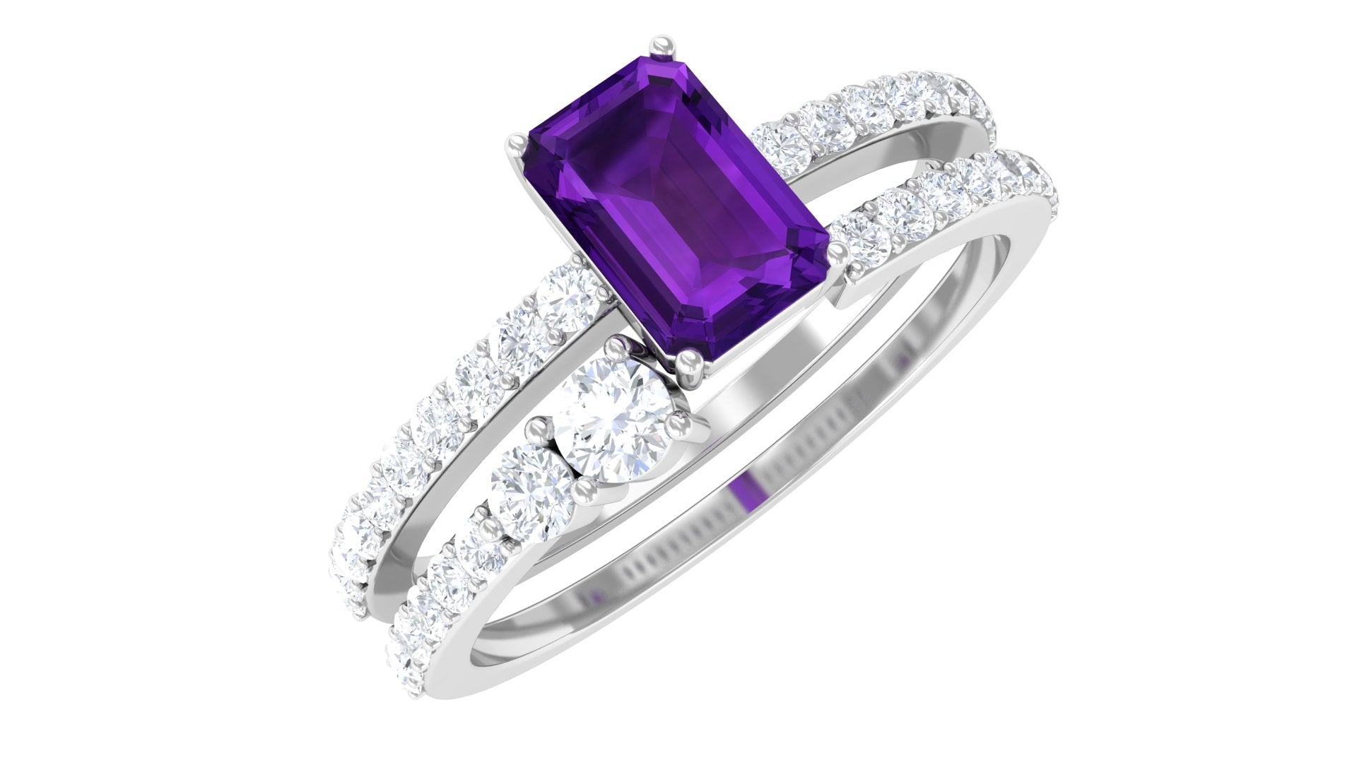 Rosec Jewels-Natural 1.4 Carat Emerald Cut Amethyst Diamond Wedding Bridal Ring Set