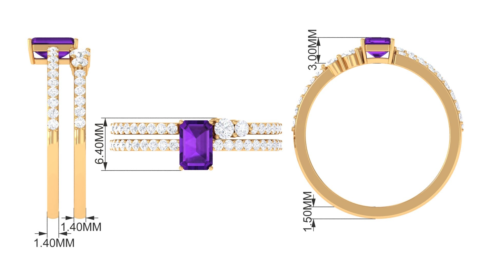 Rosec Jewels-Natural 1.4 Carat Emerald Cut Amethyst Diamond Wedding Bridal Ring Set