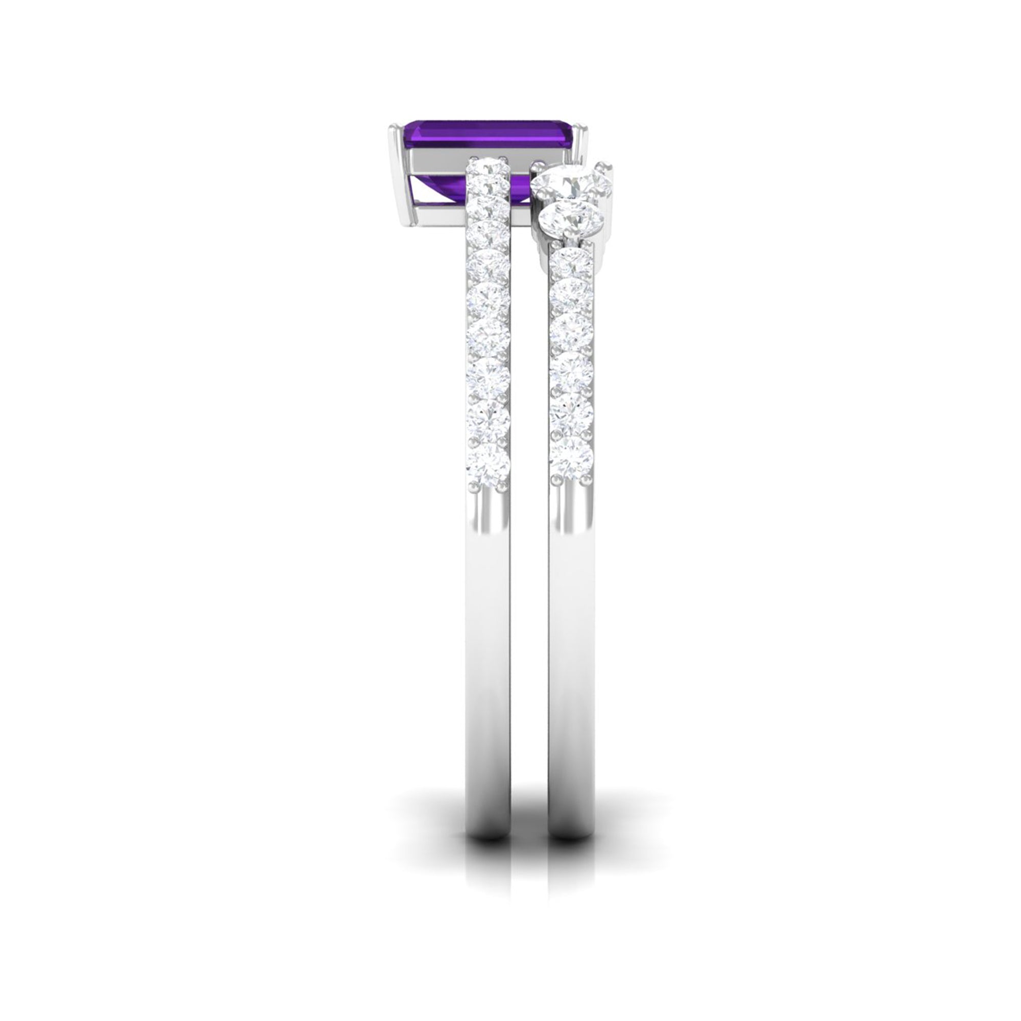 Rosec Jewels-Natural 1.4 Carat Emerald Cut Amethyst Diamond Wedding Bridal Ring Set