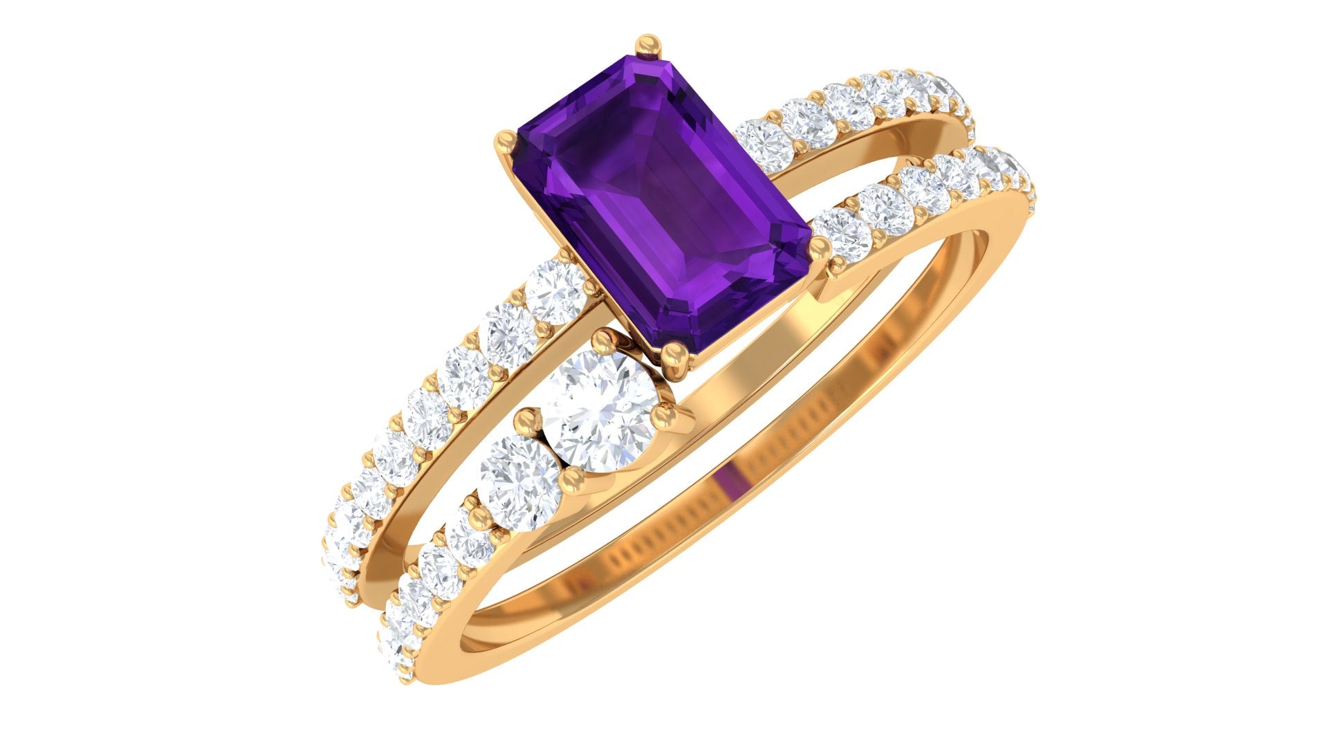 Natural 1.4 Carat Emerald Cut Amethyst Diamond Wedding Bridal Ring Set AAA - Rosec Jewels
