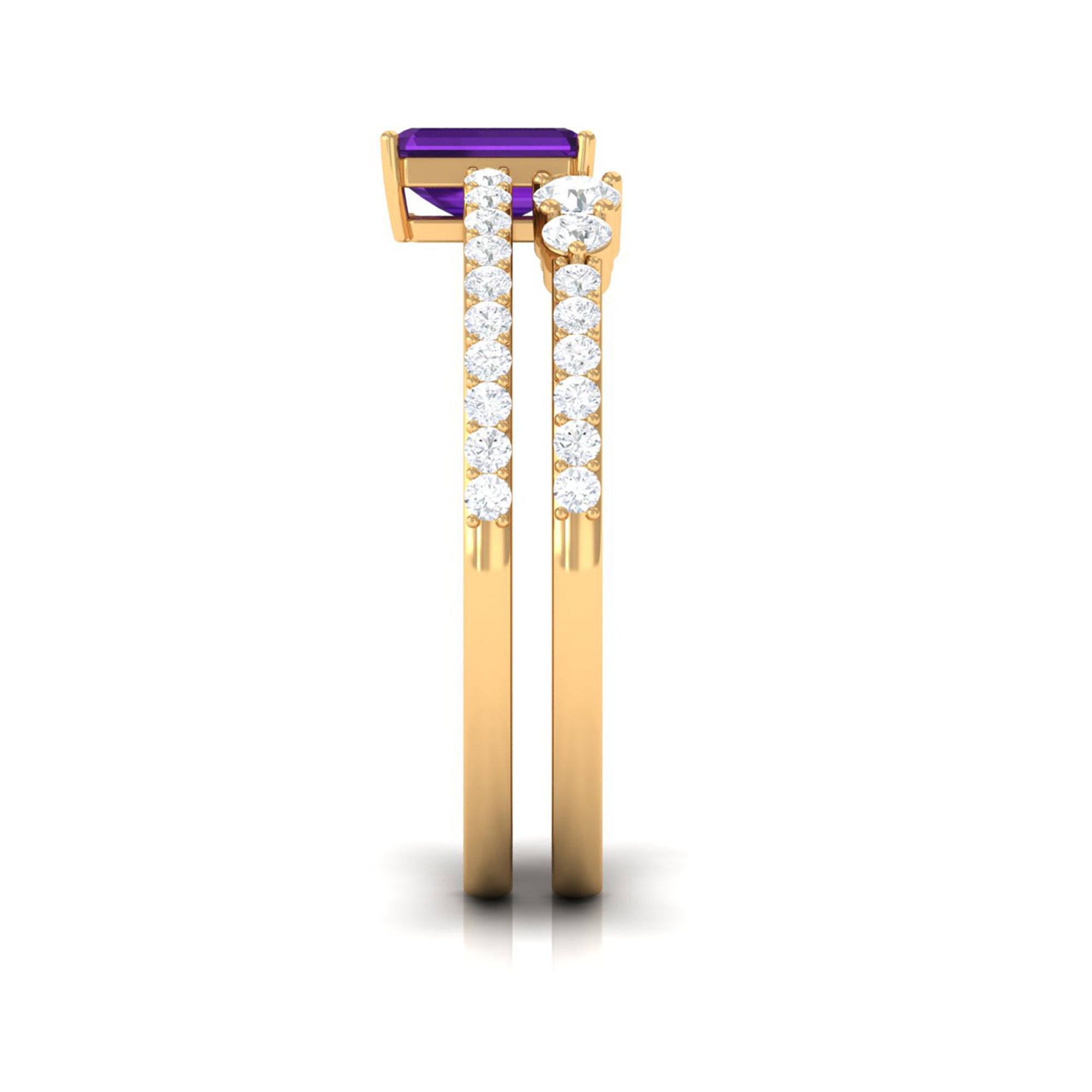 Rosec Jewels-Natural 1.4 Carat Emerald Cut Amethyst Diamond Wedding Bridal Ring Set