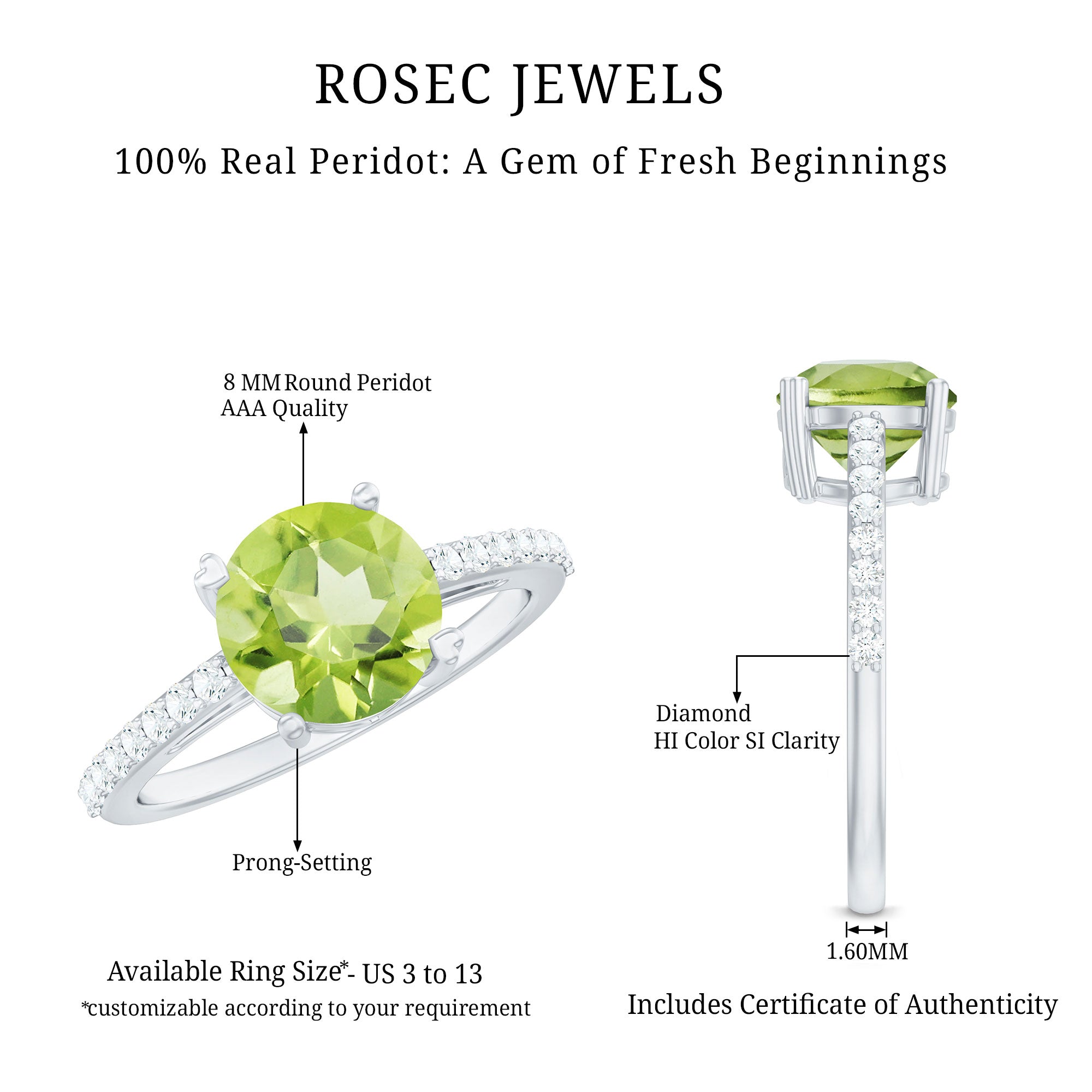 Natural 2 Carat Peridot Engagement Ring with Diamond AAA - Rosec Jewels