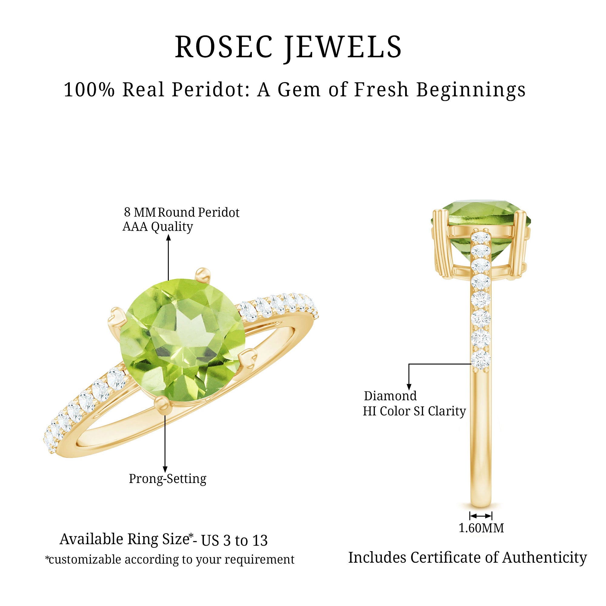 Natural 2 Carat Peridot Engagement Ring with Diamond AAA - Rosec Jewels
