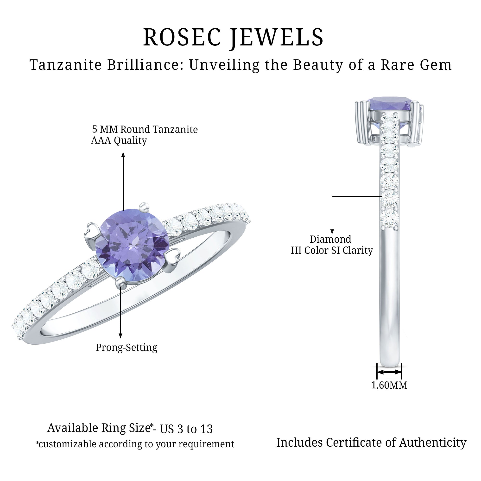 Certified Real Tanzanite Promise Ring with Diamond AAA - Rosec Jewels