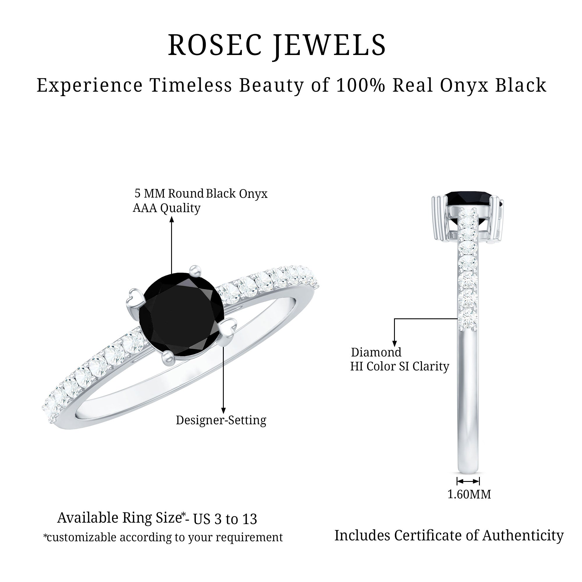 Rosec Jewels-Round Black Onyx Promise Ring with Diamond Side Stones