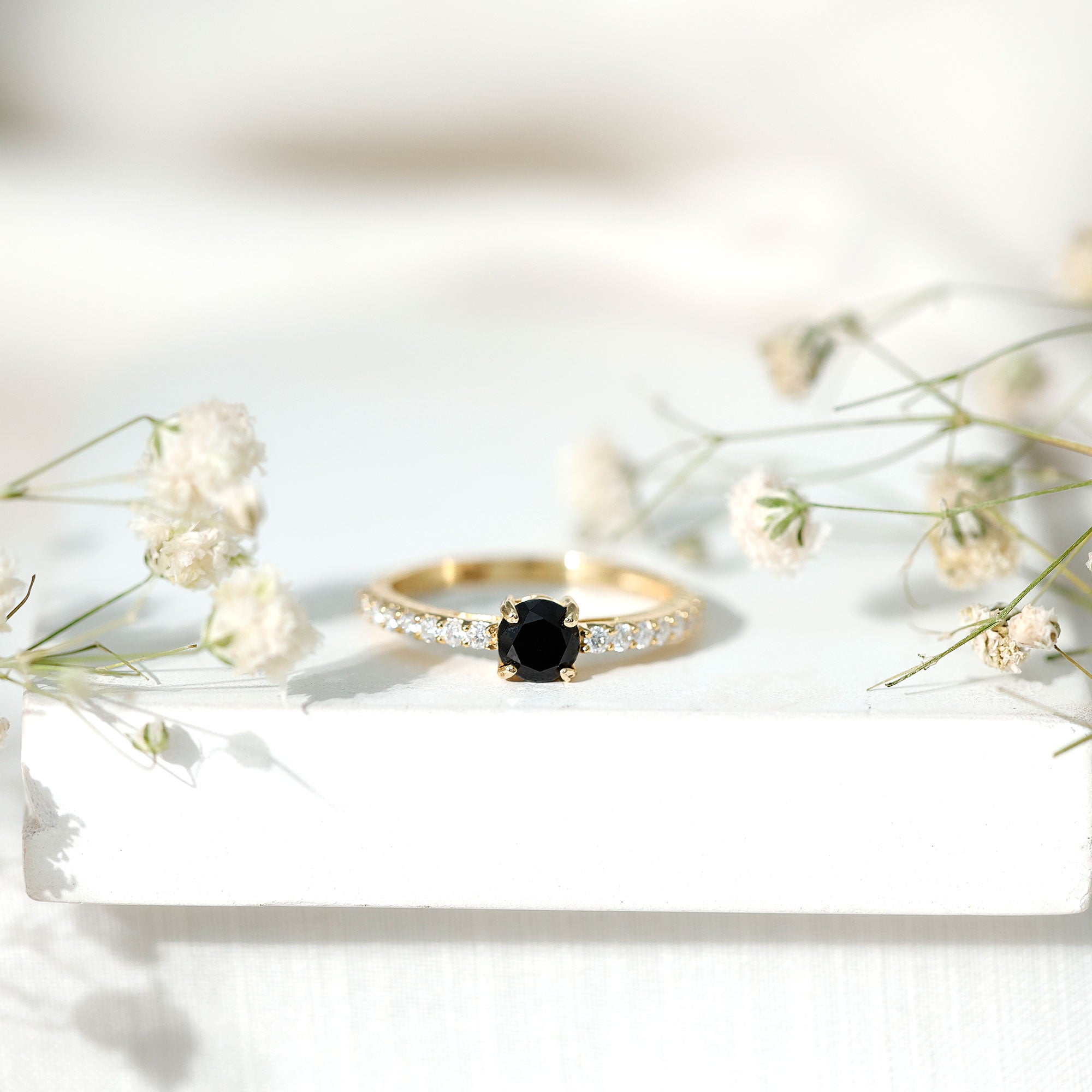 Rosec Jewels-Round Black Onyx Promise Ring with Diamond Side Stones
