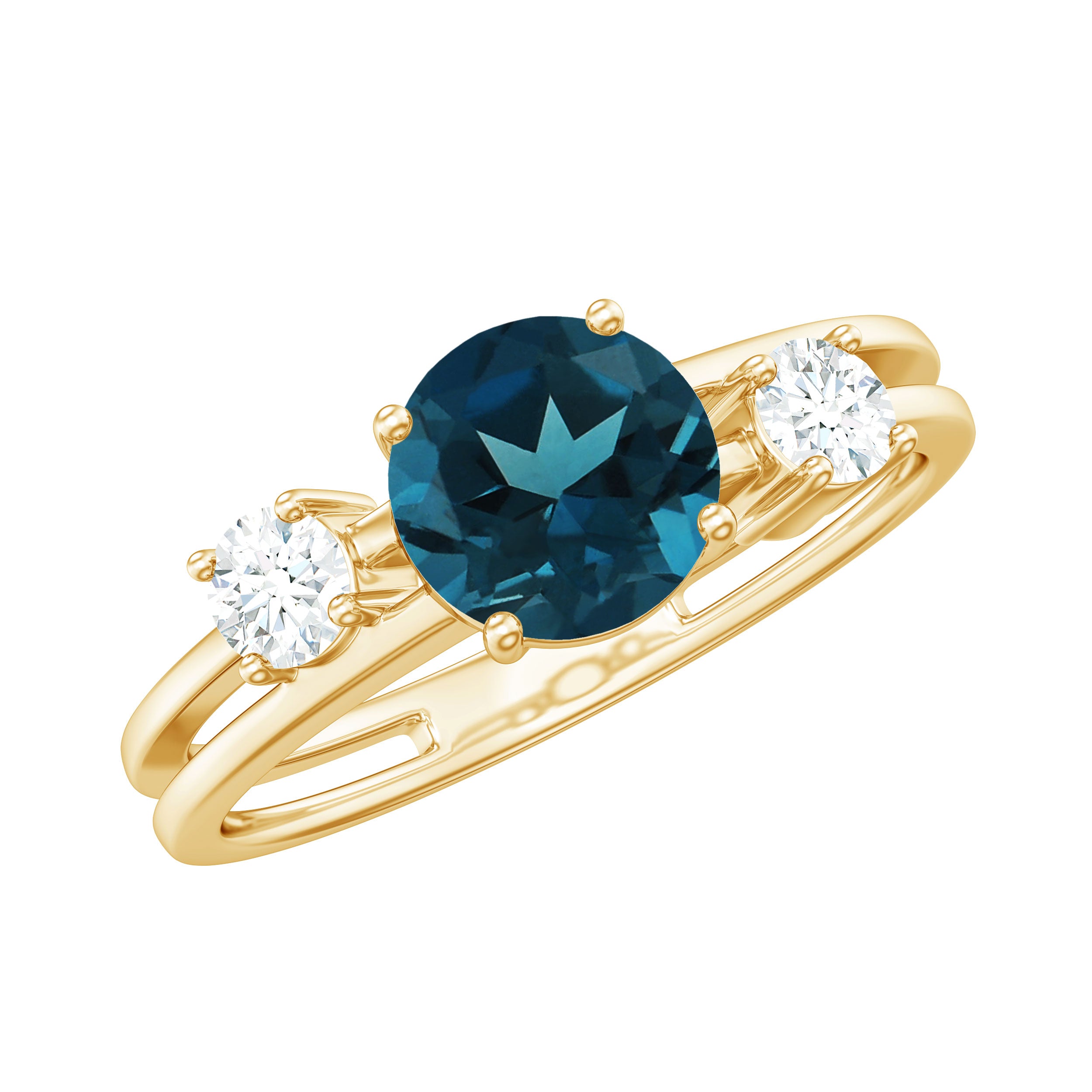 1.3 Carat Round London Blue Topaz Double Band Engagement Ring with Diamond AAA - Rosec Jewels