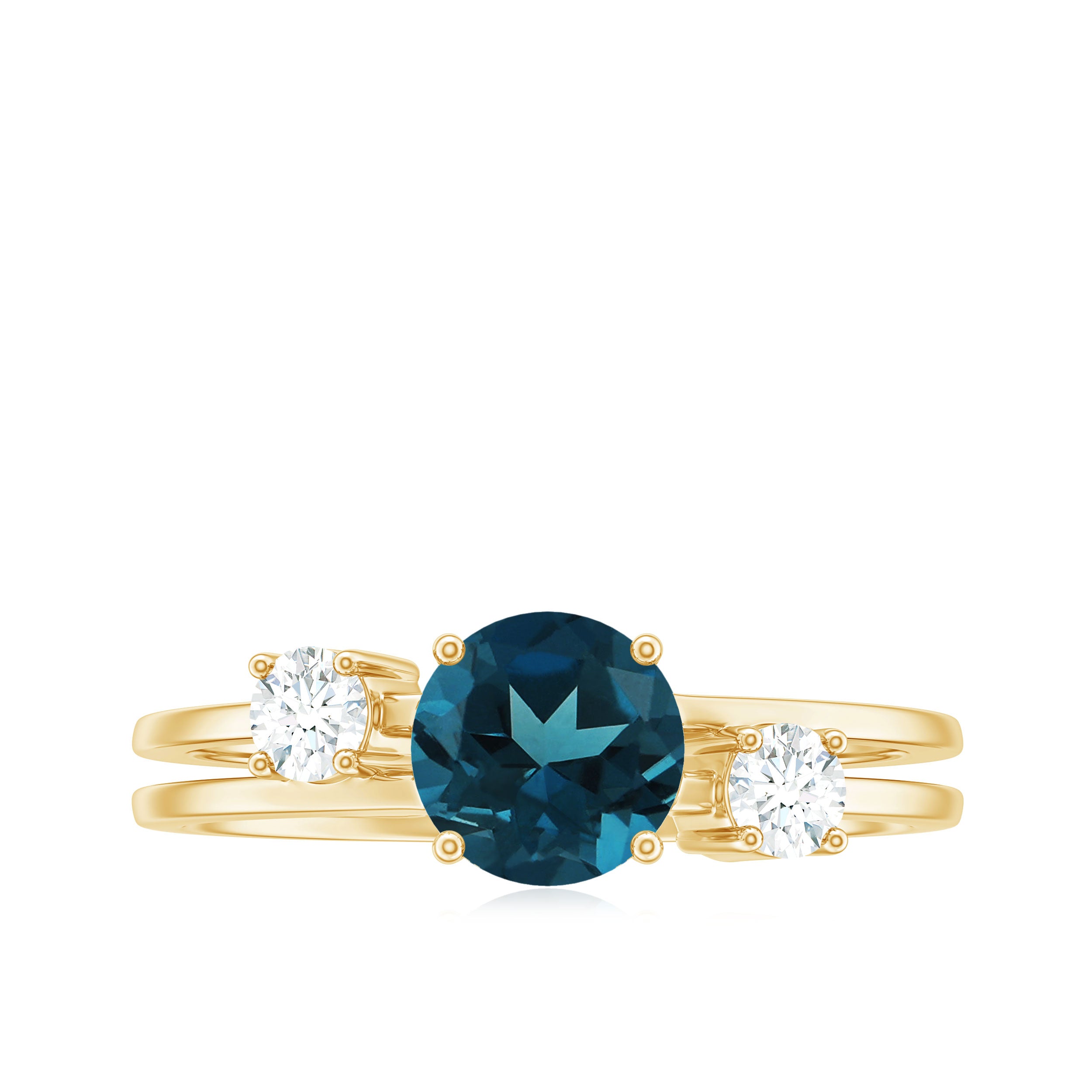 7mm Round London Blue Topaz Double Band Engagement Ring with Diamond AAA - Rosec Jewels