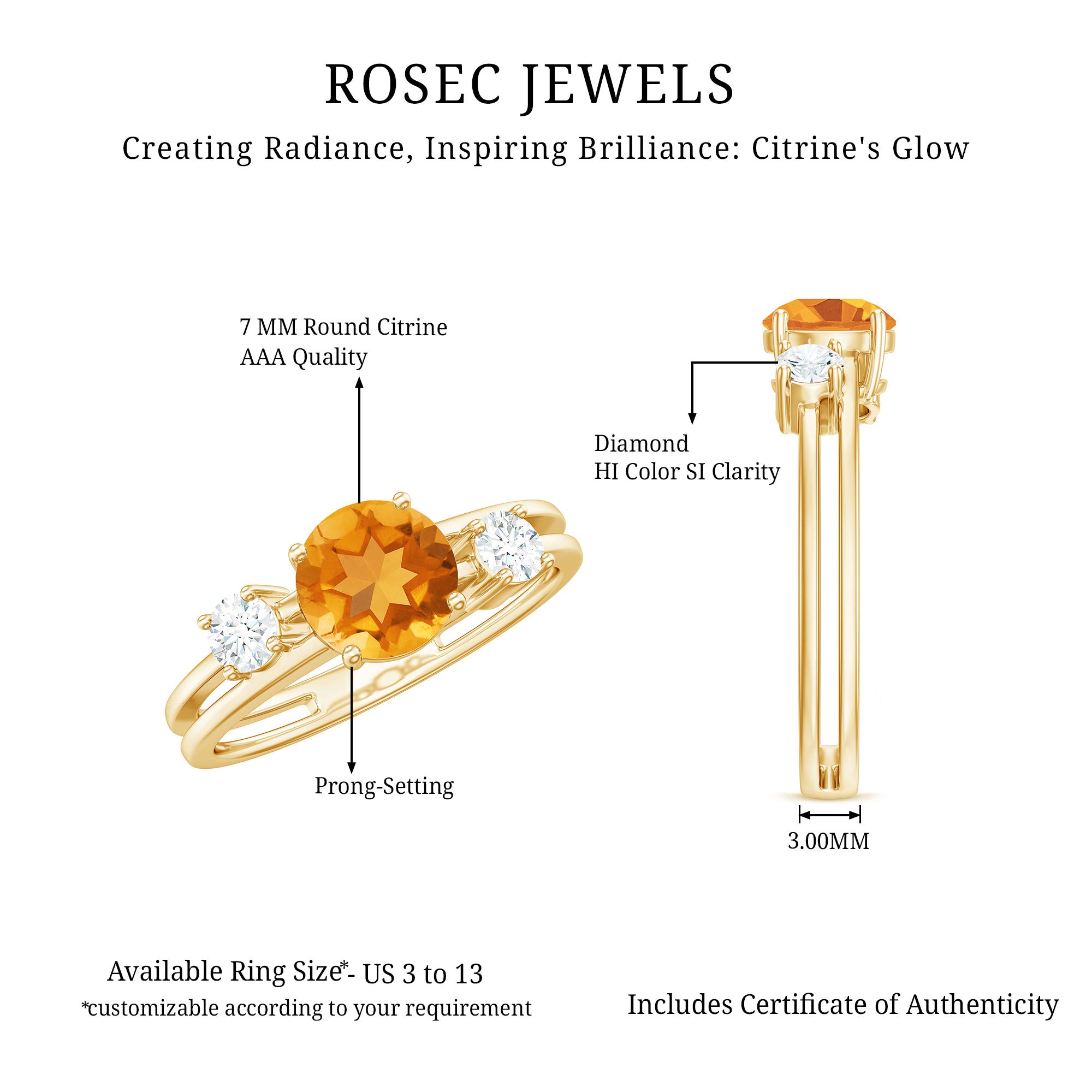Real Citrine Diamond Double Band Engagement Ring AAA - Rosec Jewels