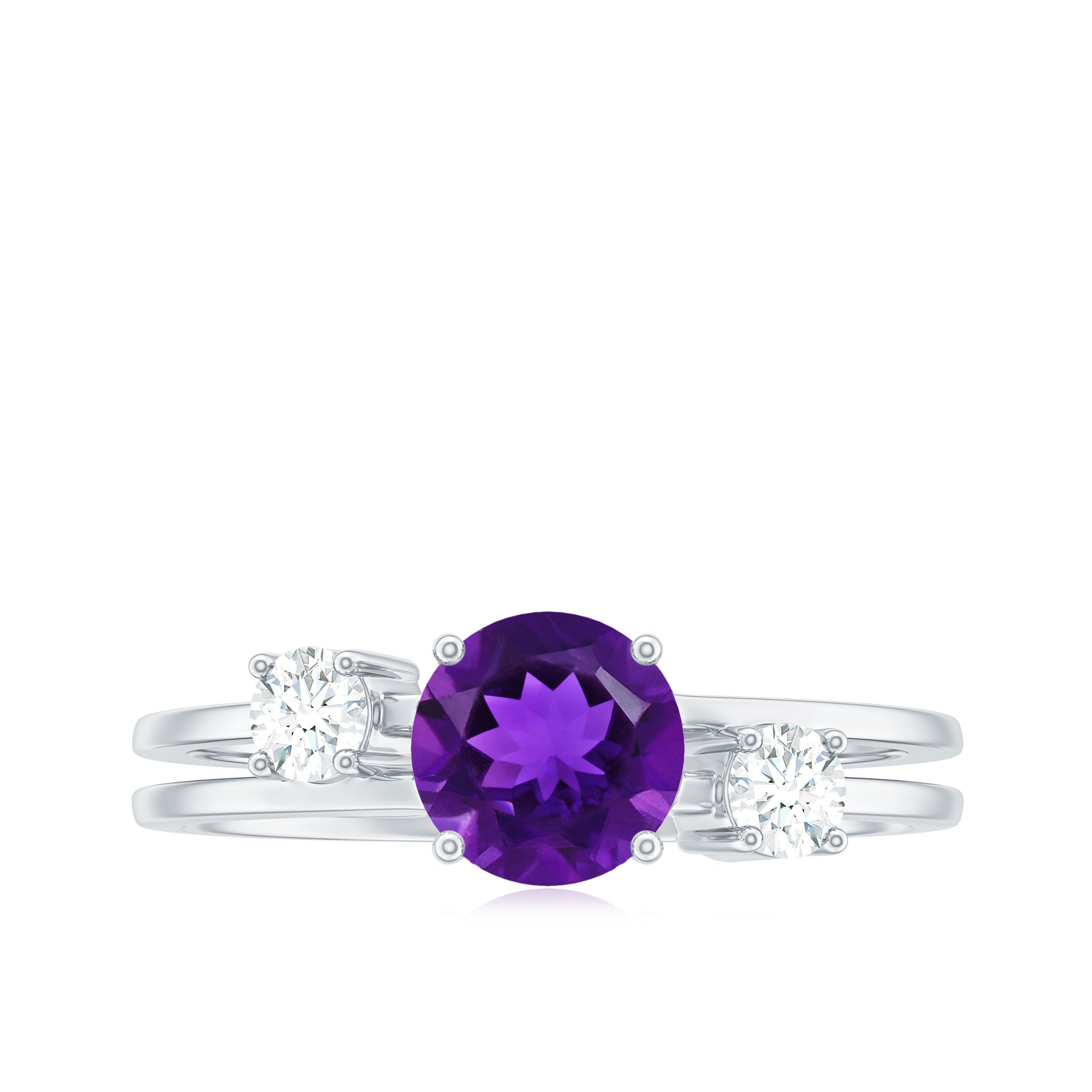 Natural 1.2 Carat Amethyst Double Band Engagement Ring with Diamond AAA - Rosec Jewels