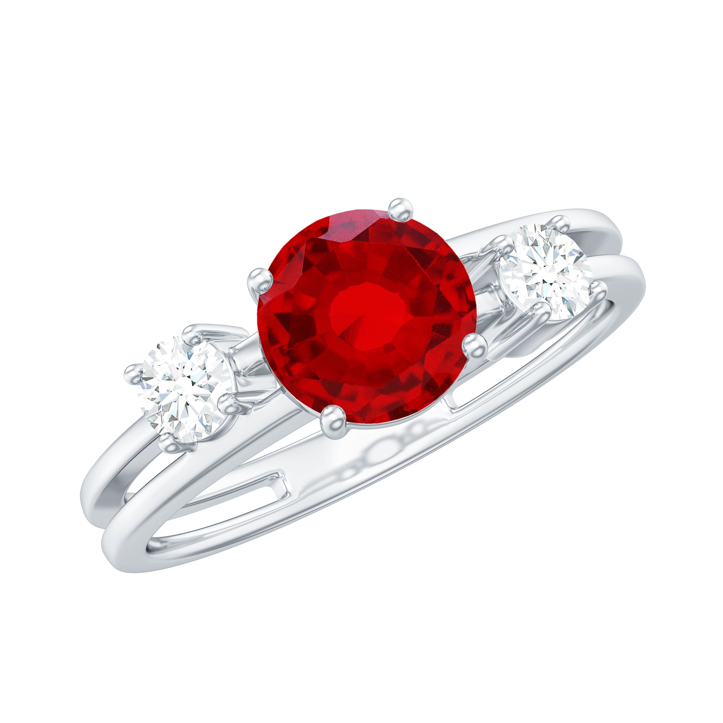 Solitaire Created Ruby Double Band Ring with Diamond