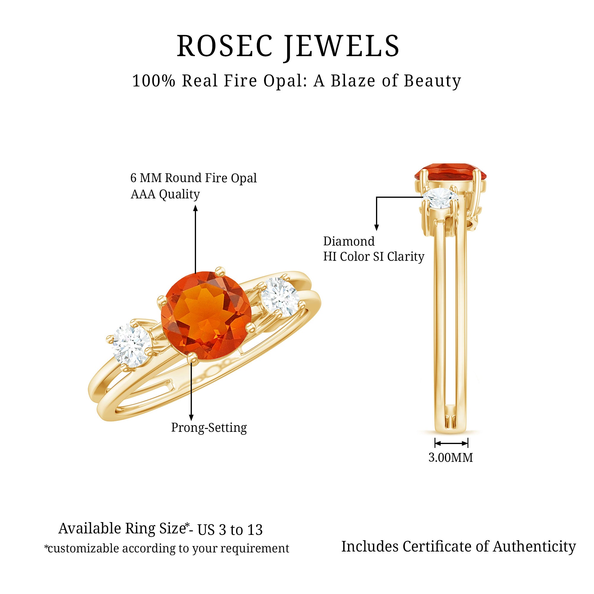 Rosec Jewels-Double Band Engagement Ring with Fire Opal and Diamond