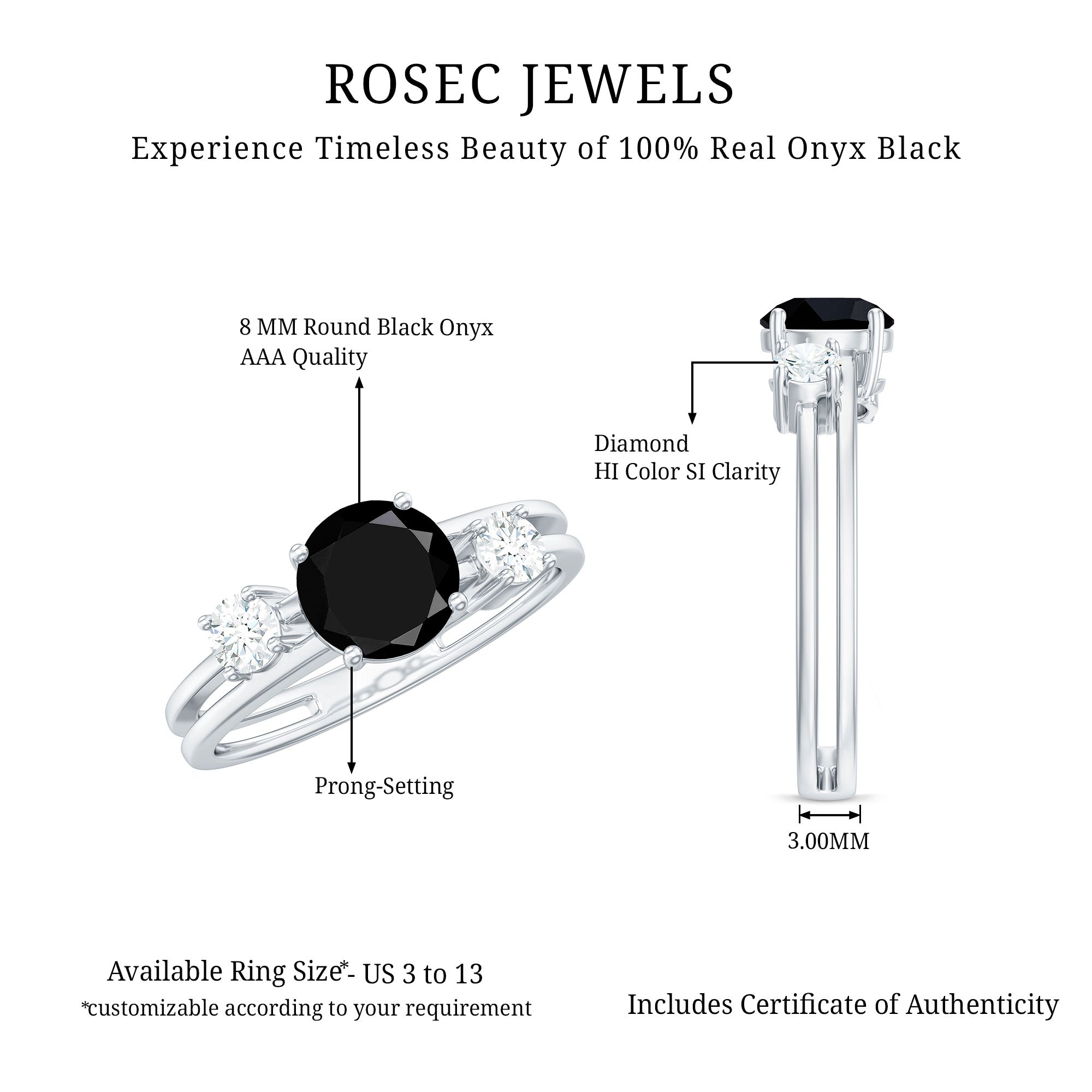 Real Black Onyx and Diamond Double Band Engagement Ring AAA - Rosec Jewels