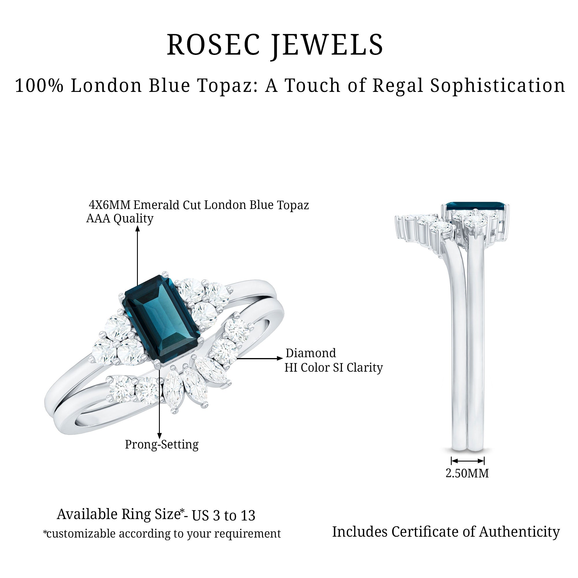 4X6mm Emerald Cut London Blue Topaz Designer Bridal Ring Set with Diamond AAA - Rosec Jewels