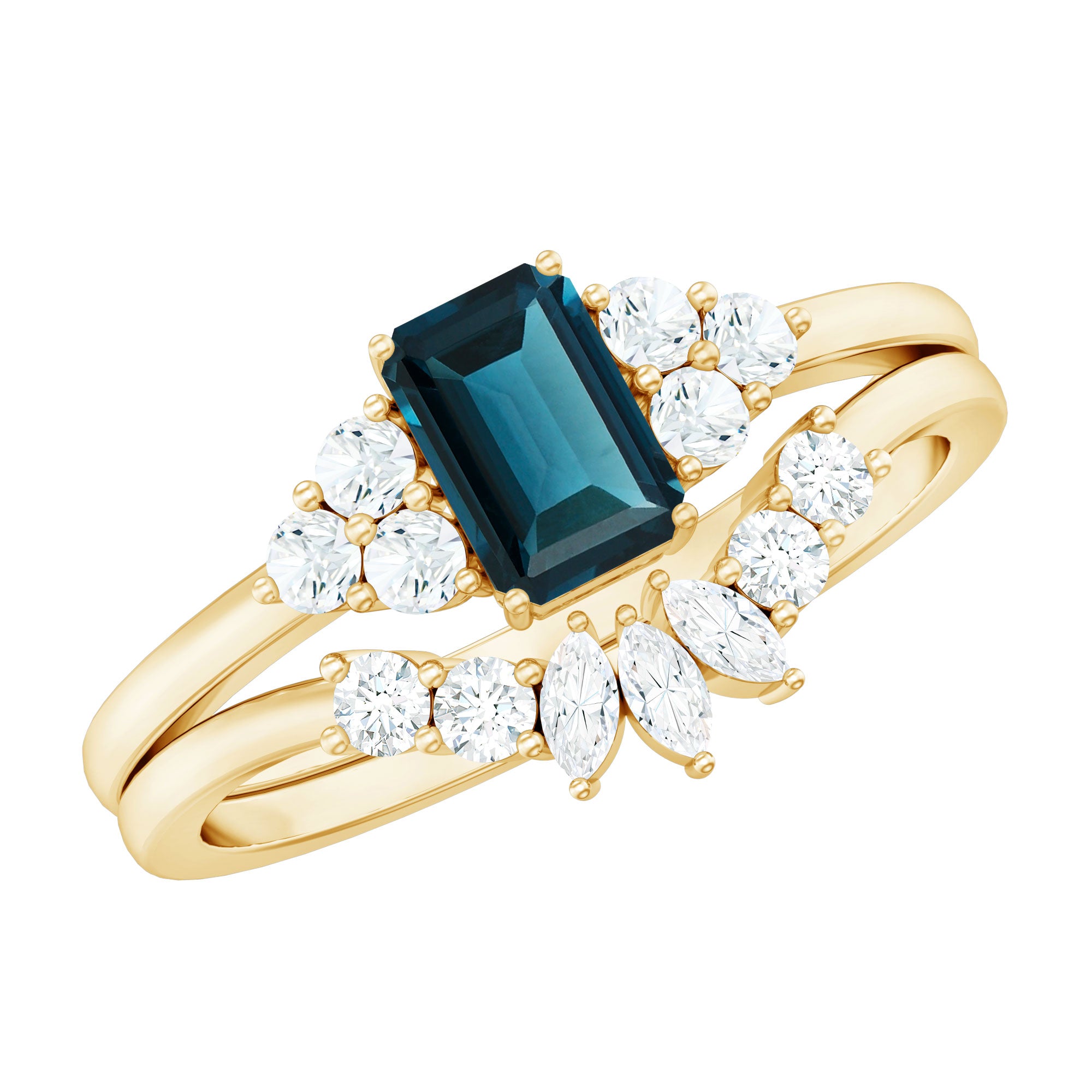 4X6mm Emerald Cut London Blue Topaz Designer Bridal Ring Set with Diamond AAA - Rosec Jewels