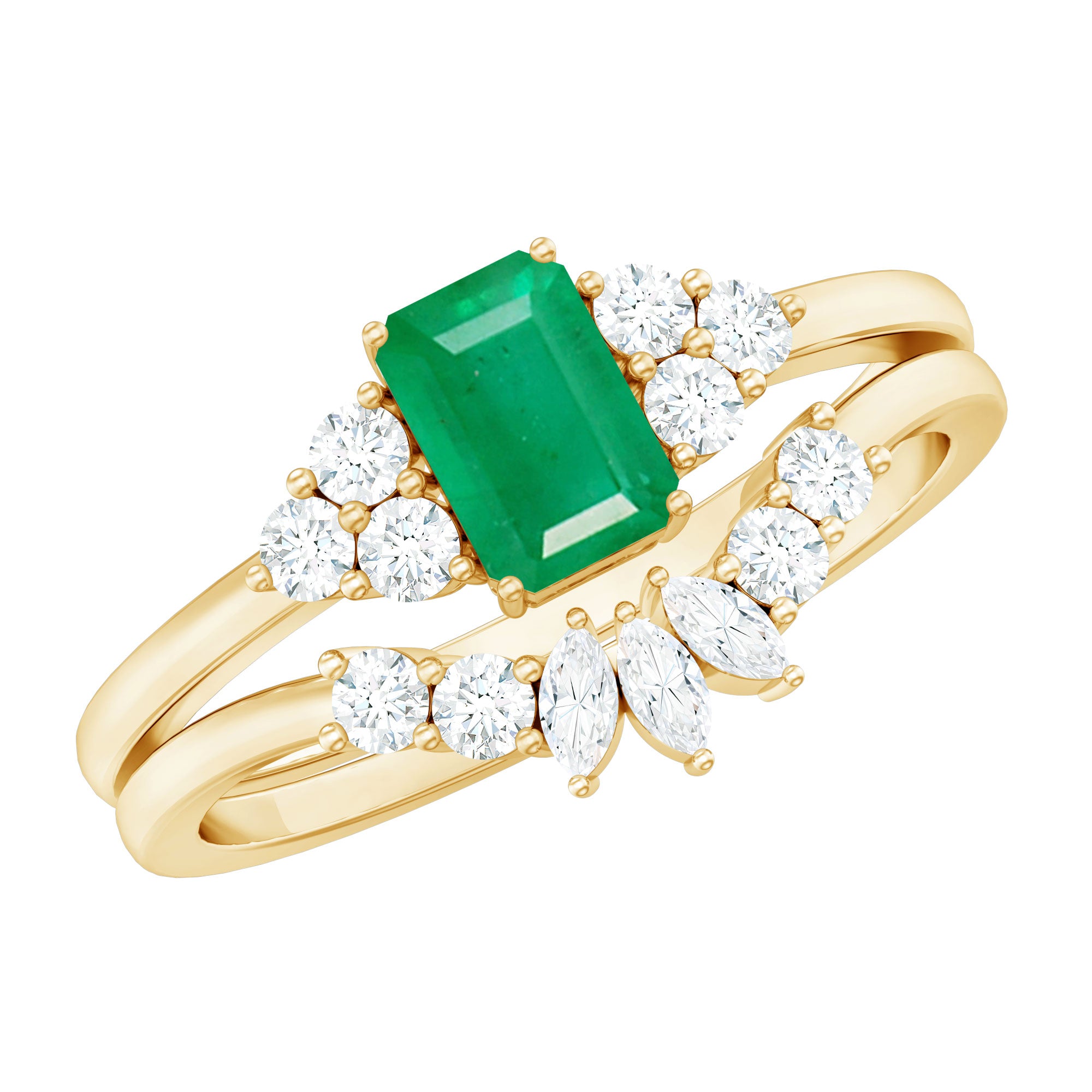 Certified Real Emerald Diamond Emerald Cut Engagement Ring and Wedding Band AAA - Rosec Jewels