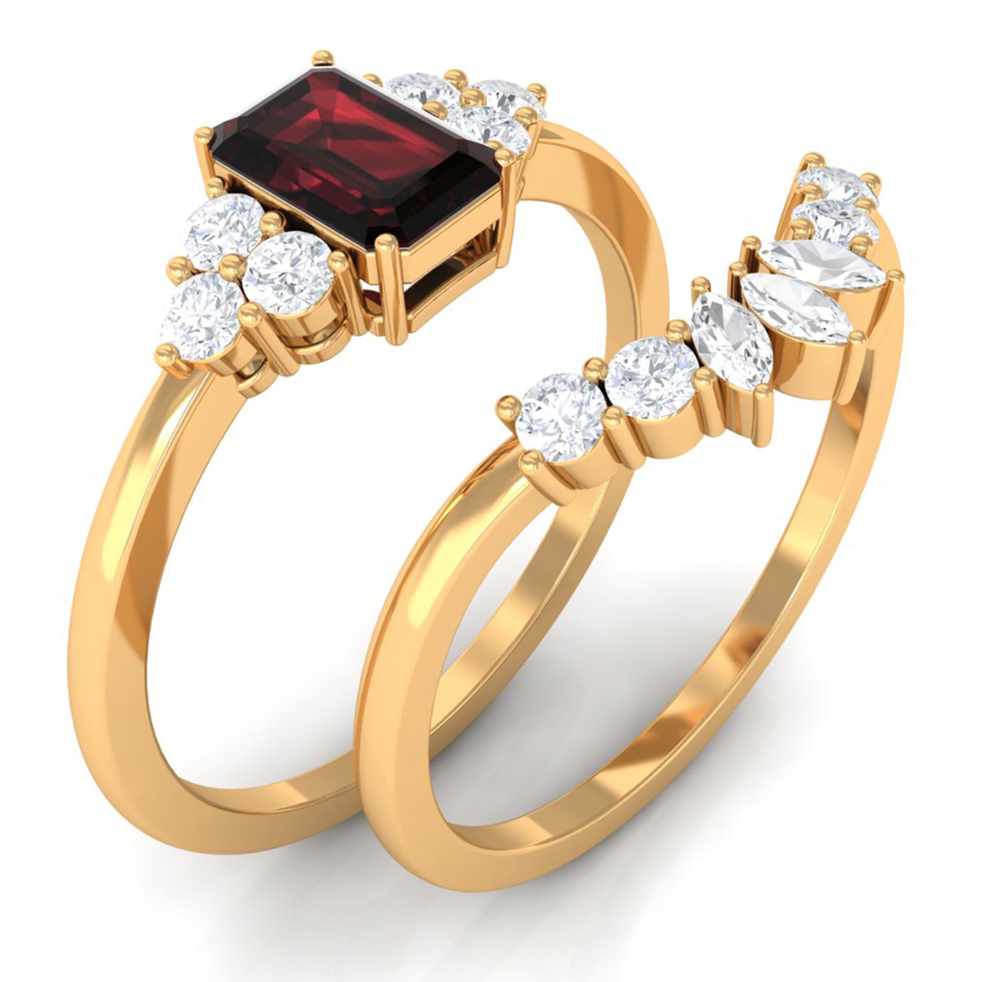 Genuine Garnet Diamond Emerald Cut Engagement Wedding Ring Set of 2 AAA - Rosec Jewels