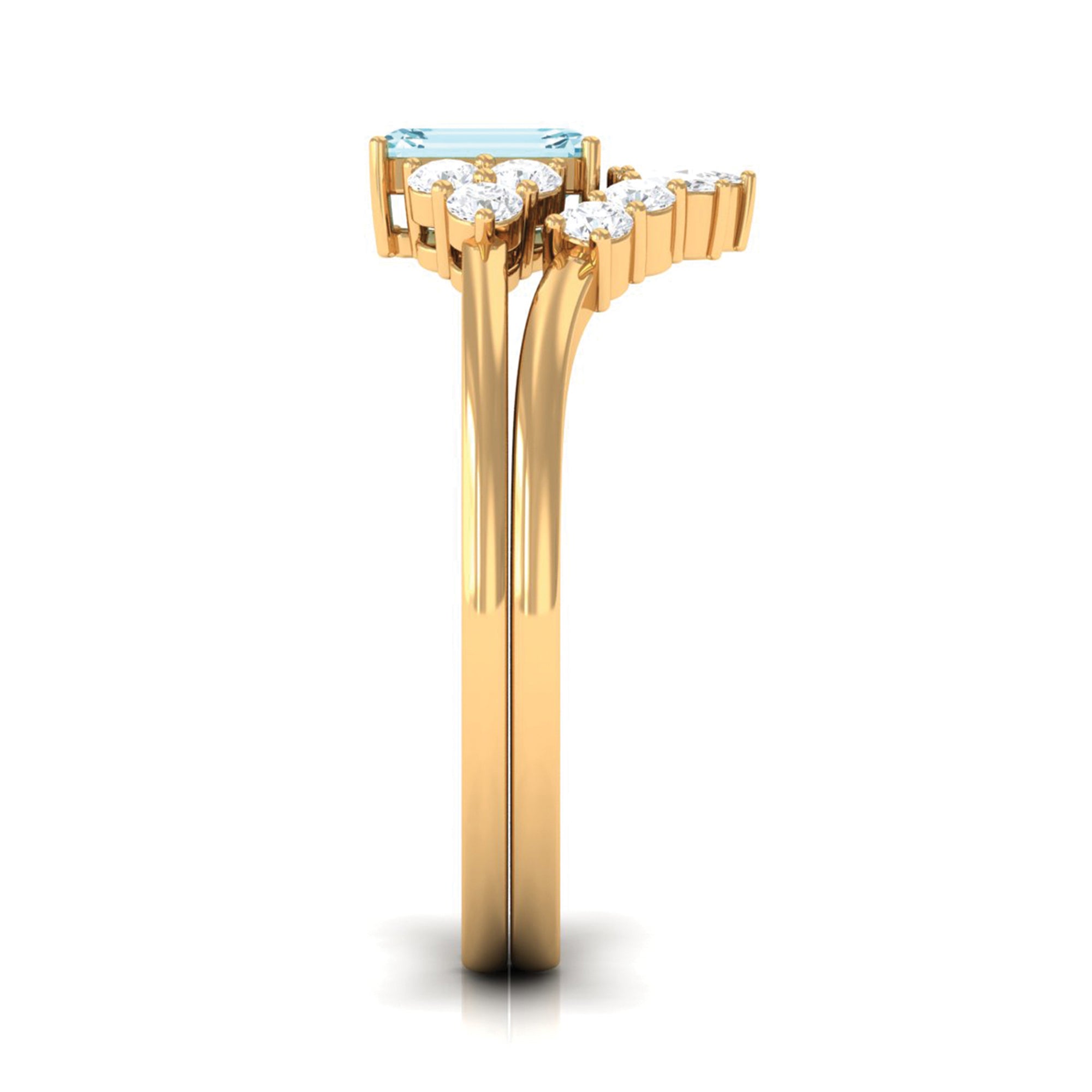 Natural Emerald Cut Aquamarine Marriage Ring Set with Diamond AAA - Rosec Jewels