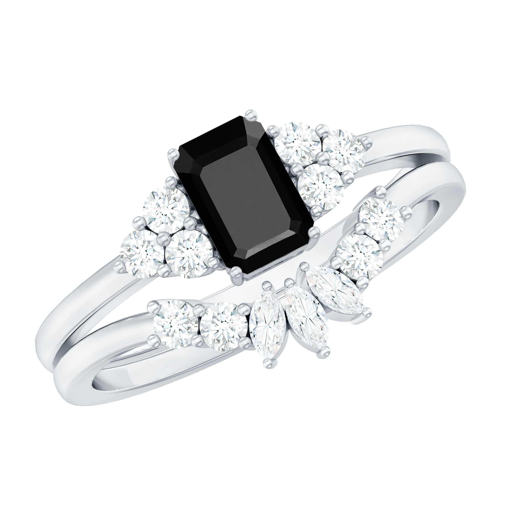 Emerald Cut Black Onyx Engagement Ring with Diamond Wedding Band AAA - Rosec Jewels