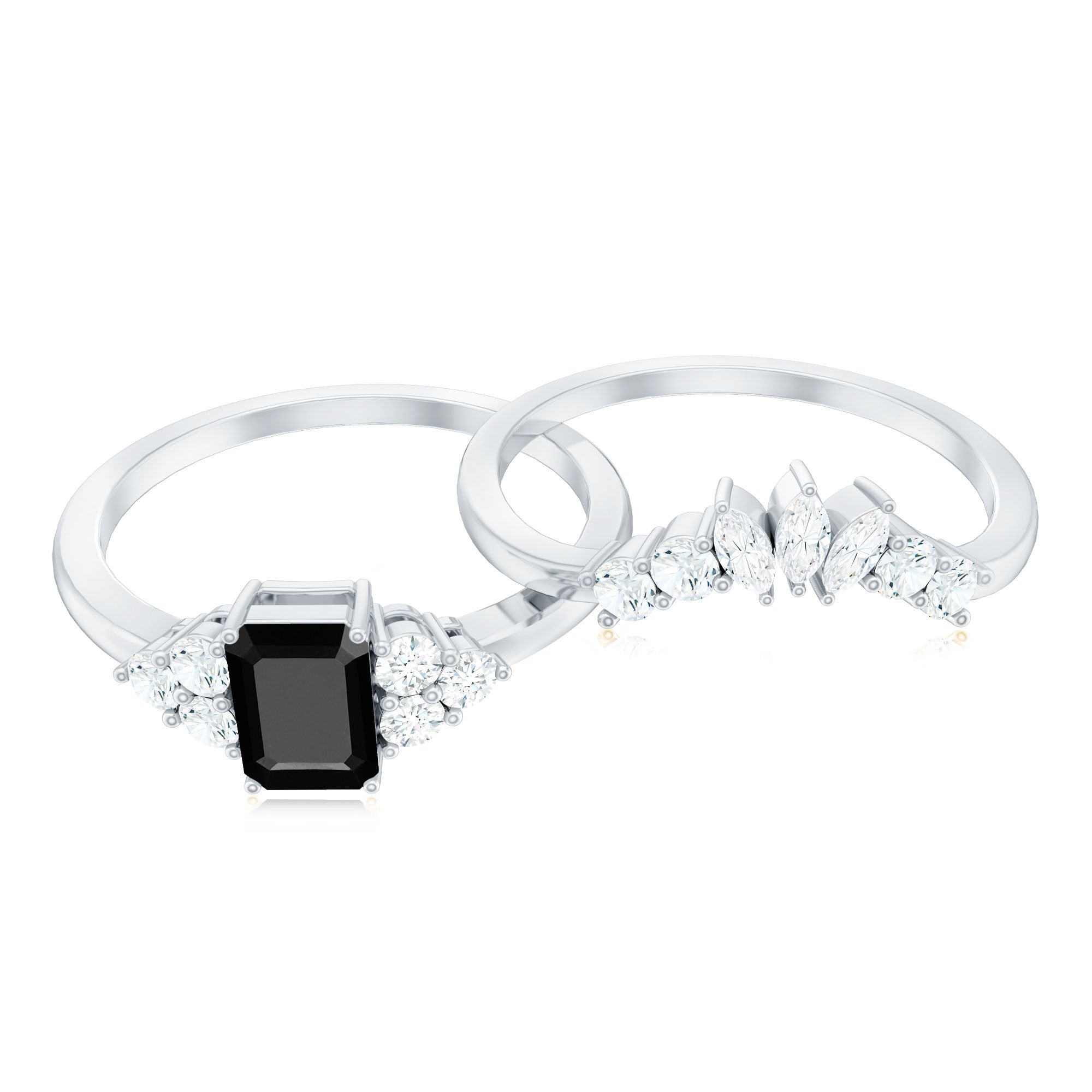 Emerald Cut Black Onyx Engagement Ring with Diamond Wedding Band AAA - Rosec Jewels