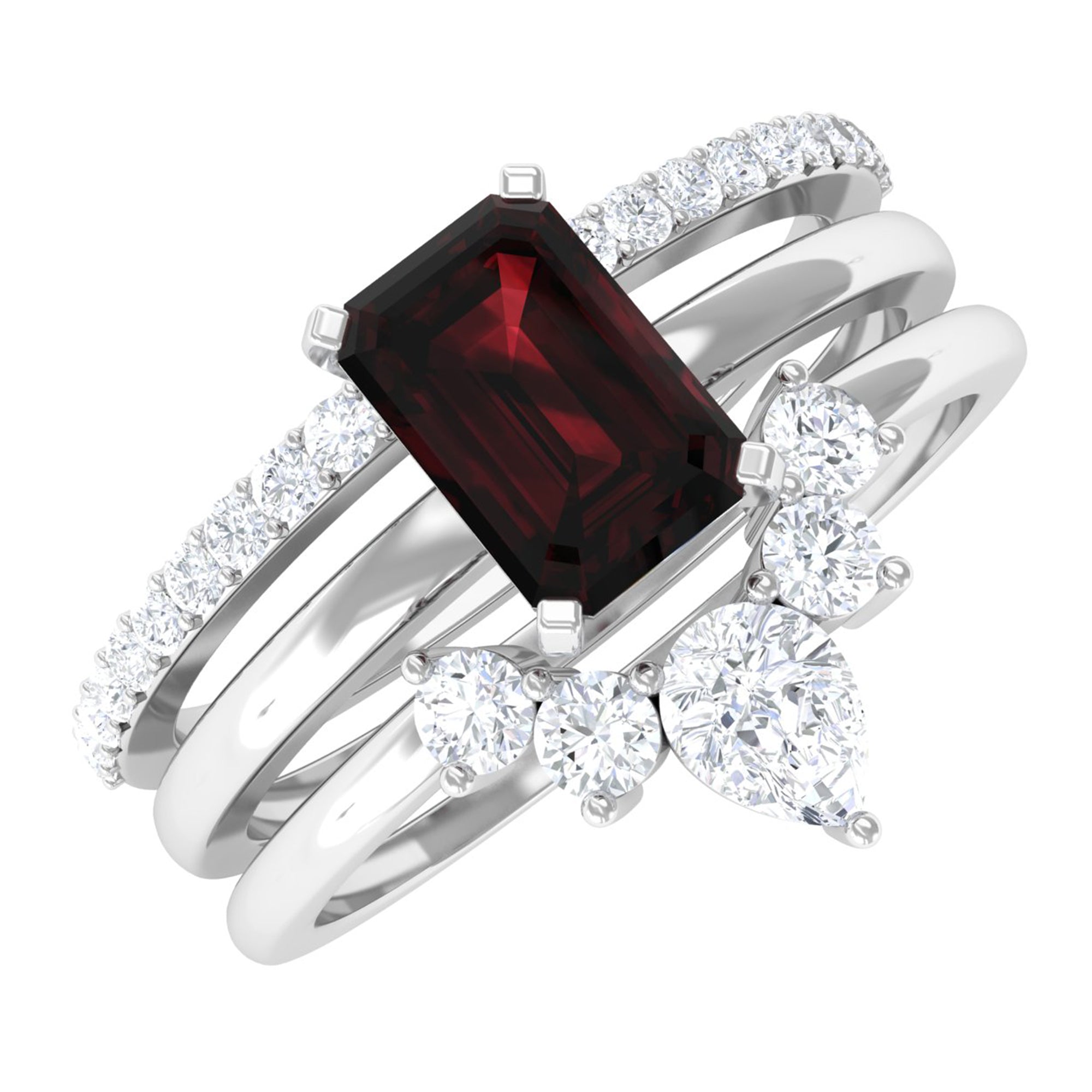 Octagon Garnet Solitaire Ring Set of 3 with Diamond Garnet - ( AAA ) - Quality - Rosec Jewels