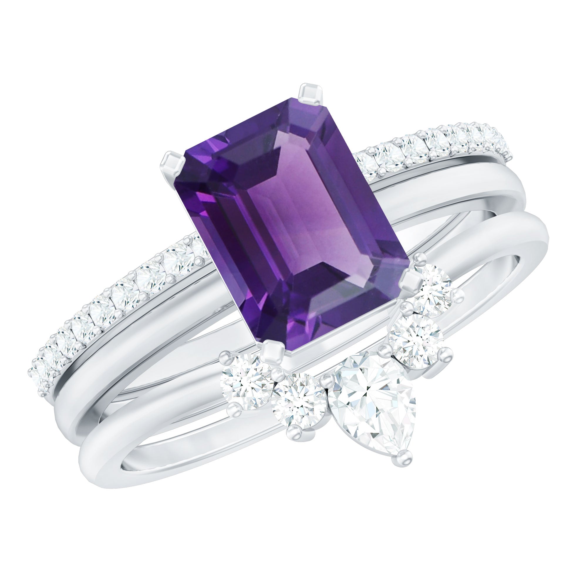 Octagon Amethyst Solitaire Ring Set of 3 with Moissanite