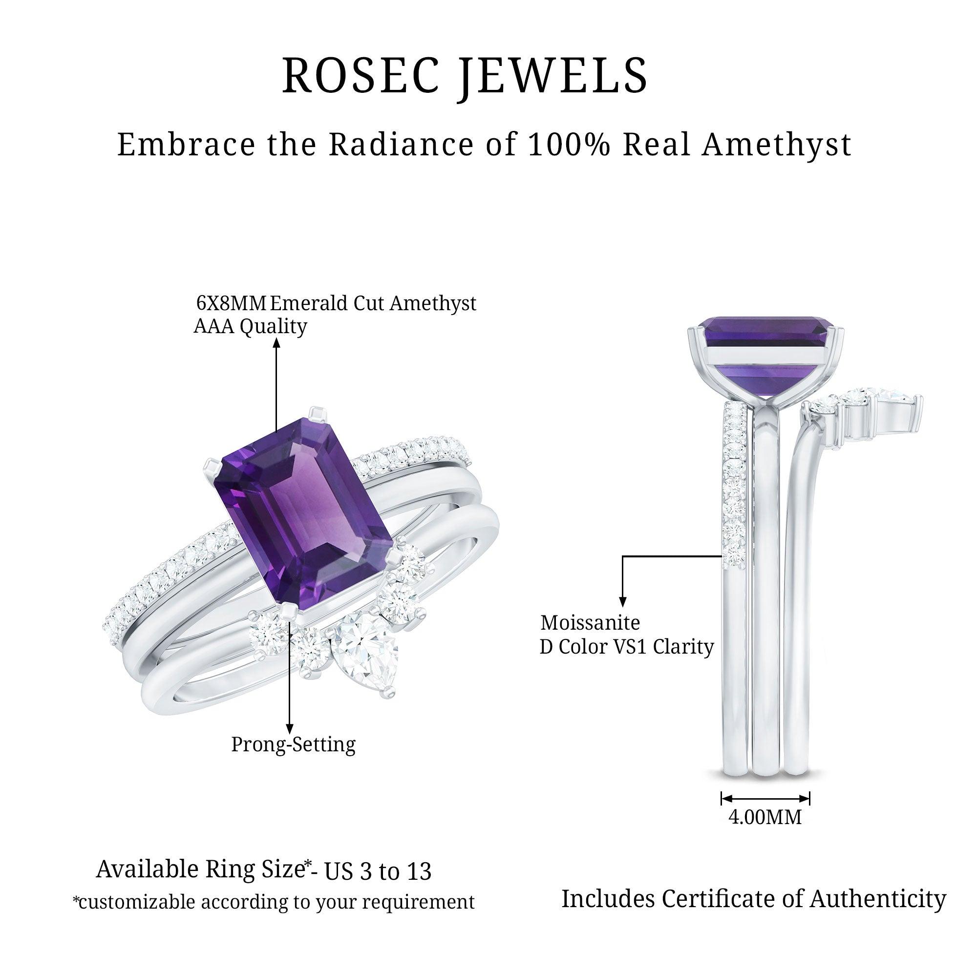 Rosec Jewels-Natural 1.4 Carat Amethyst 3 Piece Bridal Ring Set with Diamond