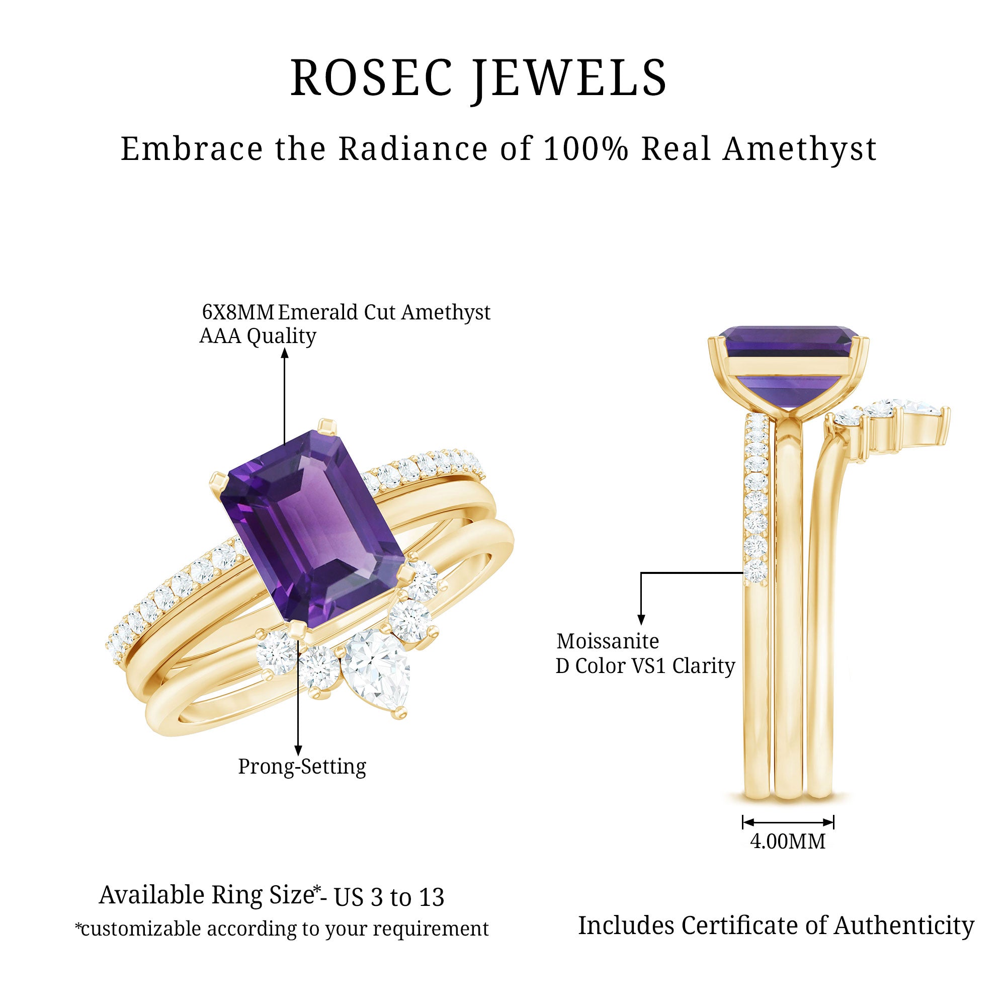 Rosec Jewels-Natural 1.4 Carat Amethyst 3 Piece Bridal Ring Set with Diamond