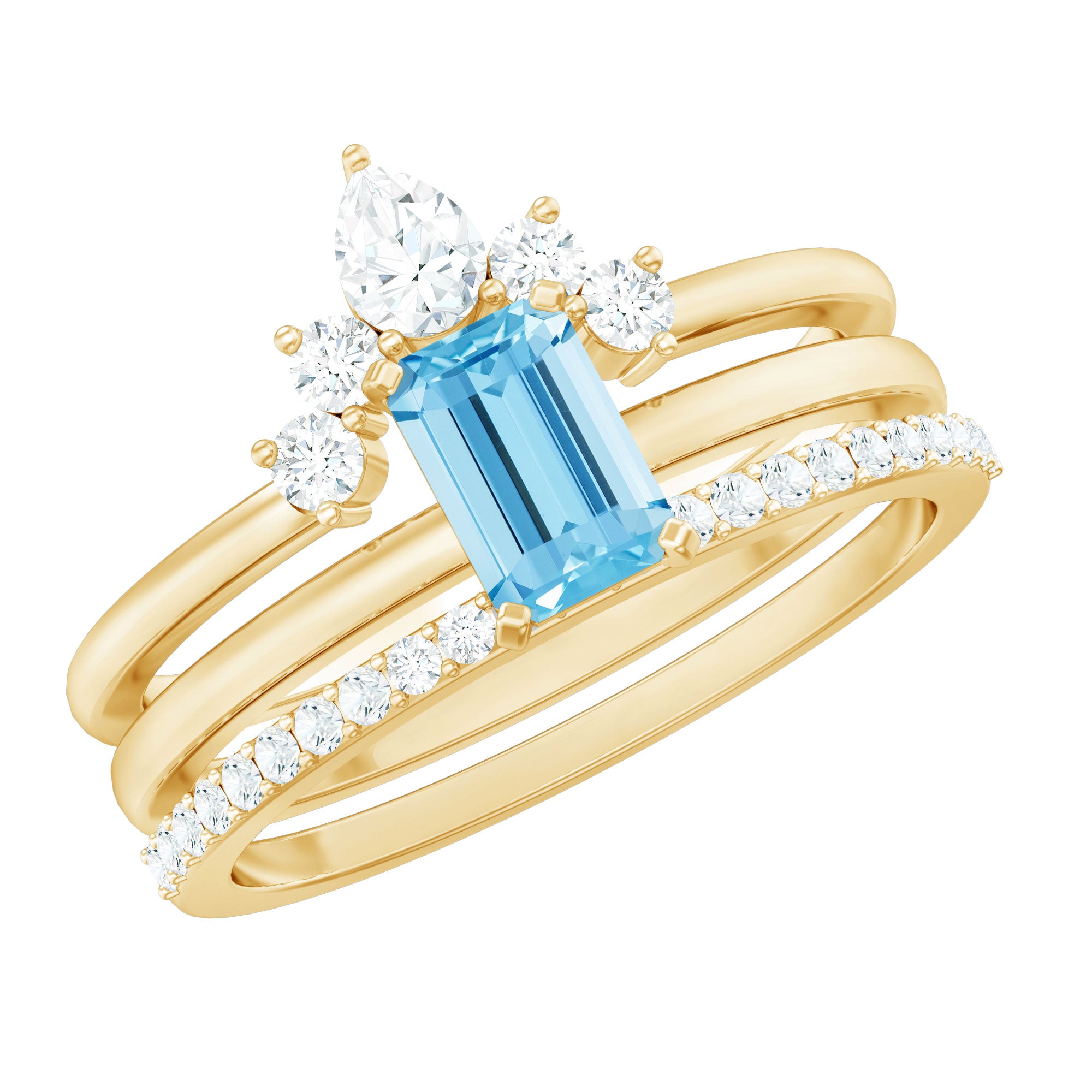 Emerald Cut Aquamarine Solitaire Ring Set of 3 with Diamond AAA - Rosec Jewels