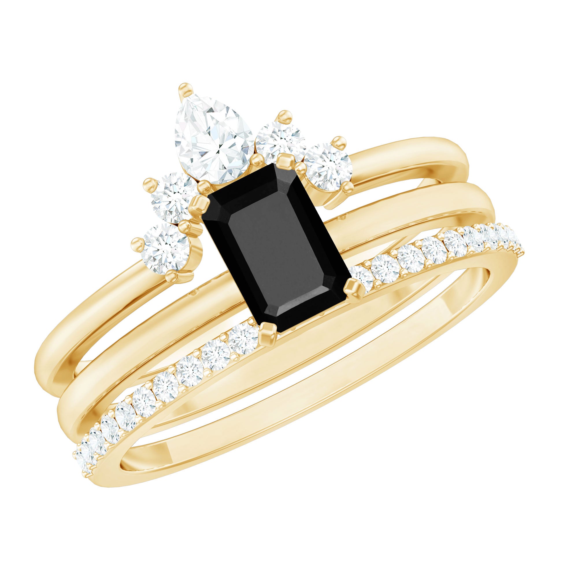 Emerald Cut Black Onyx and Diamond Trio Wedding Ring Set AAA - Rosec Jewels