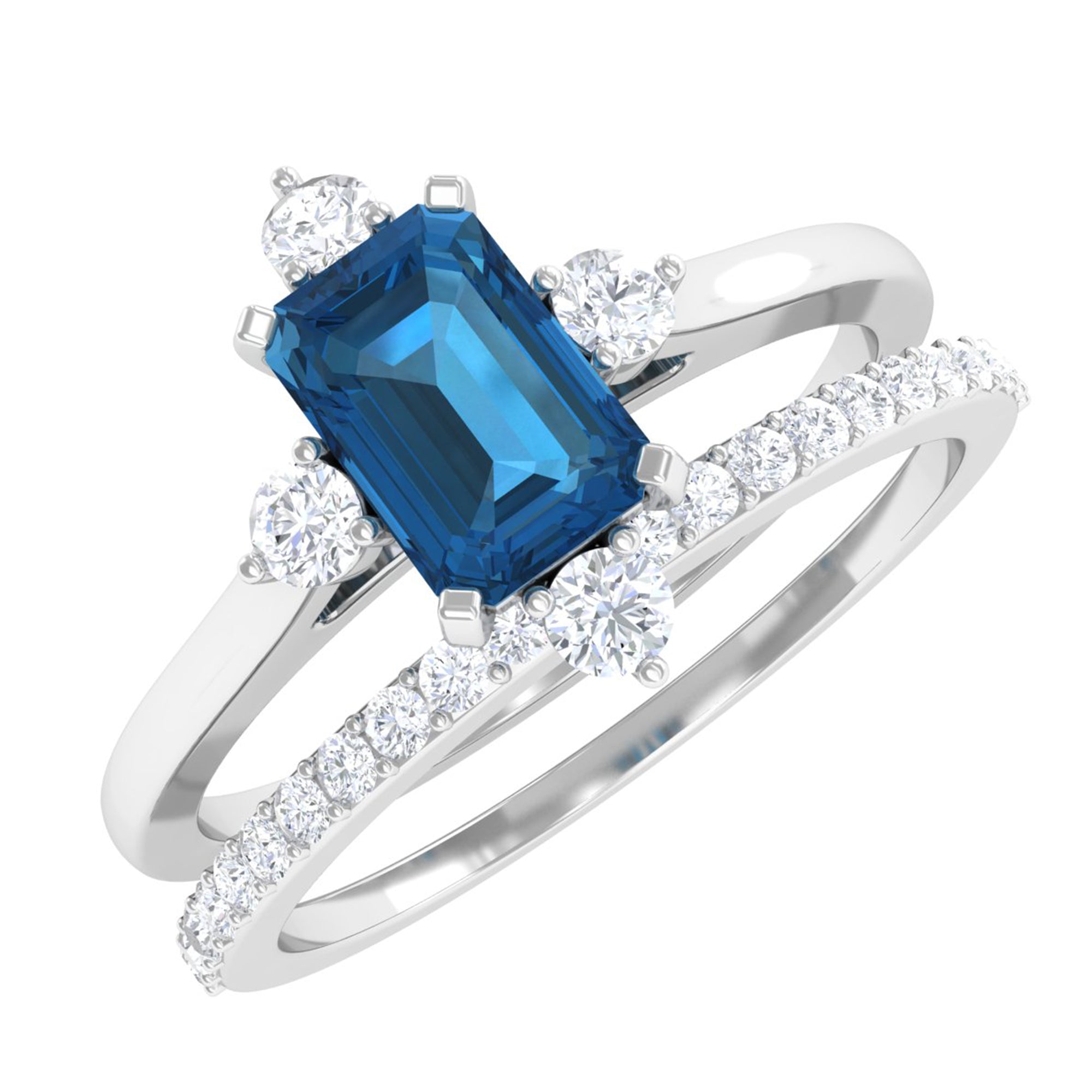 4X6mm Emerald Cut London Blue Topaz Wedding Ring Set with Diamond Band
