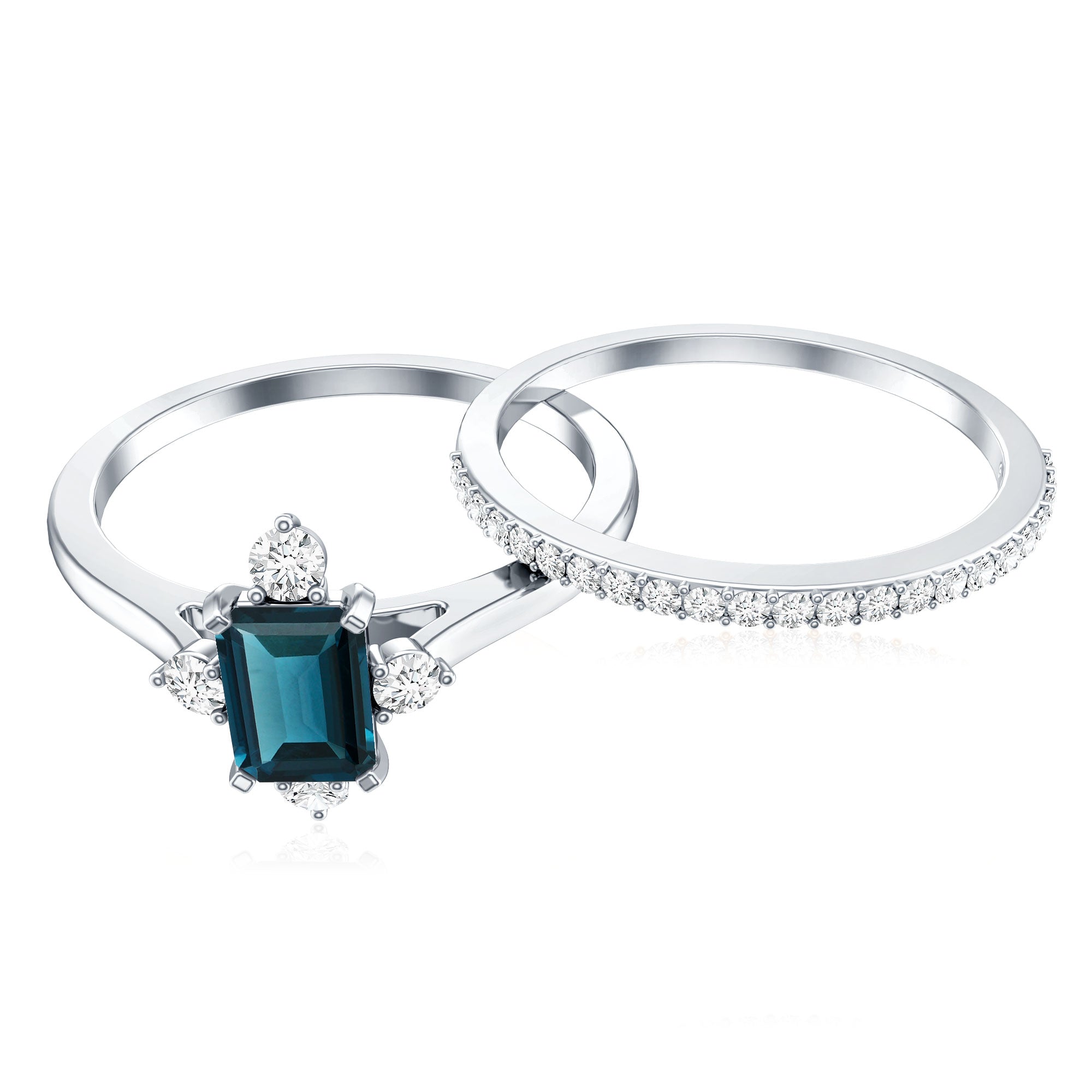 4X6mm Emerald Cut London Blue Topaz Wedding Ring Set with Diamond Band AAA - Rosec Jewels