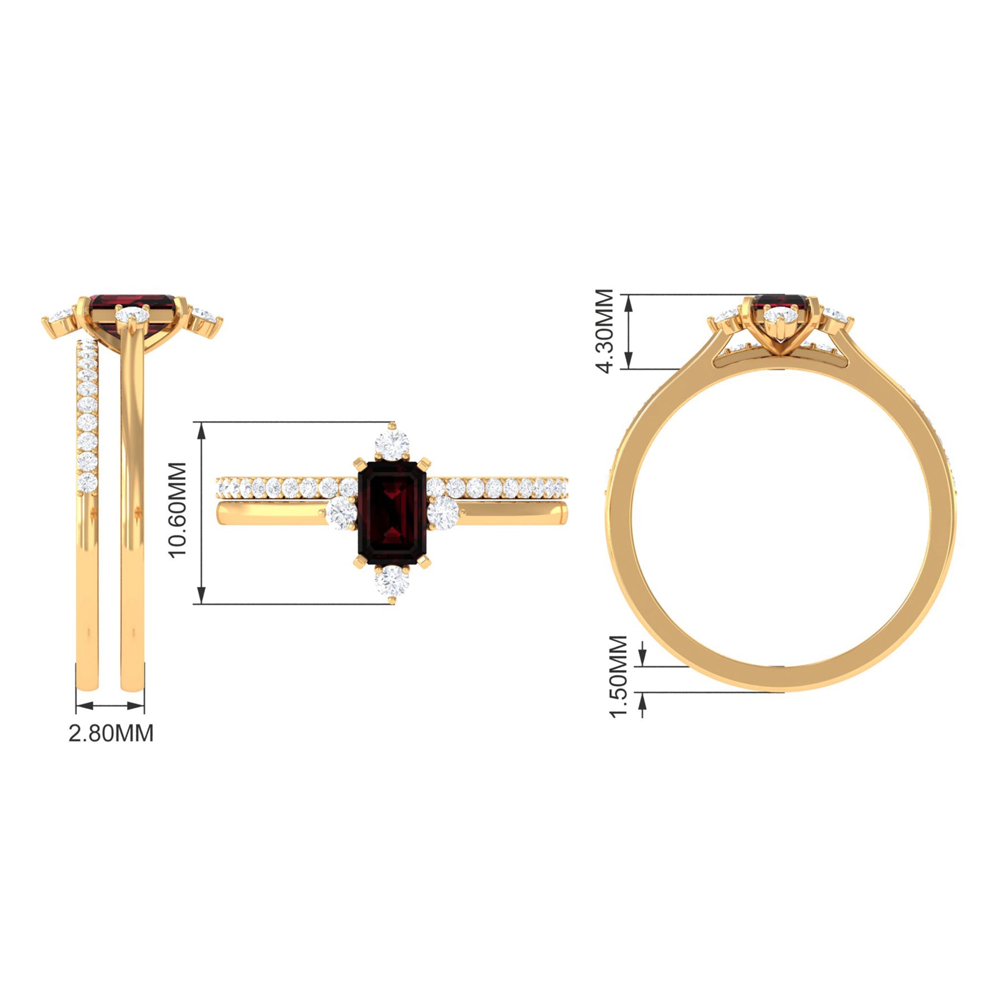 Natural Emerald Cut Garnet Diamond Wedding Bridal Ring Set of 2 AAA - Rosec Jewels
