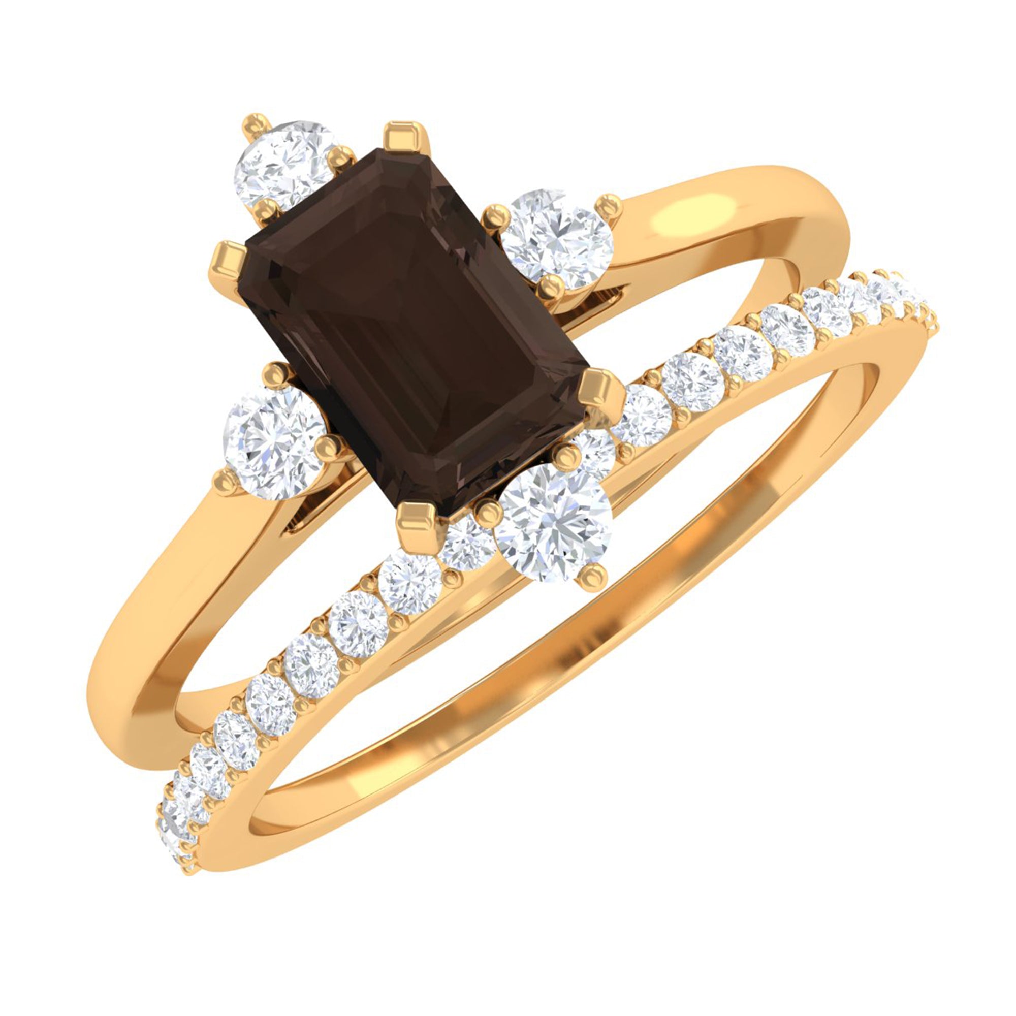 Octagon Cut Smoky Quartz and Diamond Ring Set Smoky Quartz - ( AAA ) - Quality - Rosec Jewels