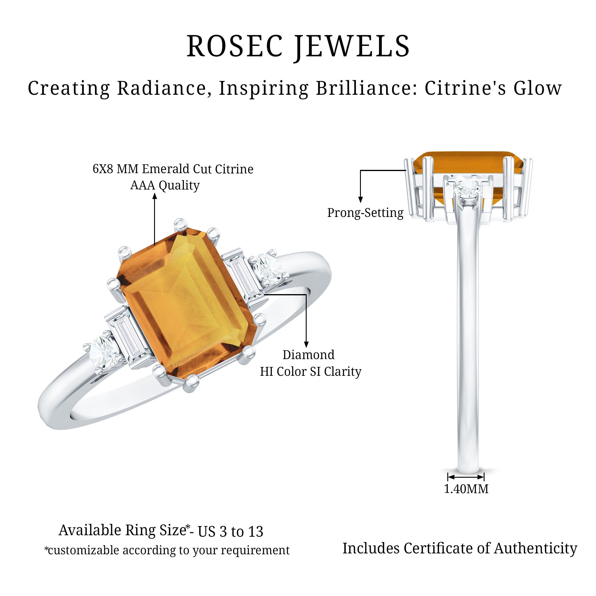 Certified Natural Citrine Emerald Cut Engagement Ring with Diamond AAA - Rosec Jewels